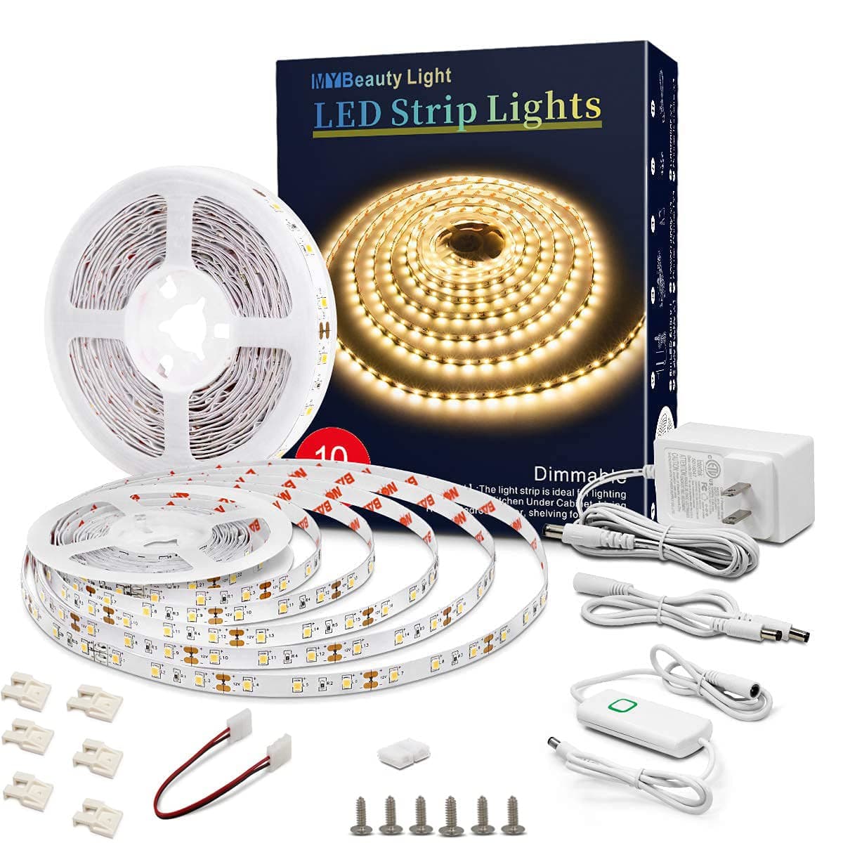 Led Strip Lights 32.8ft Warm White Dimmable Led Light Strip Flexible Rope Lights Kits with 12v Etl Power Supply, Adhesive Clips, Dimmer Switch and Connectors for Indoor Decor
