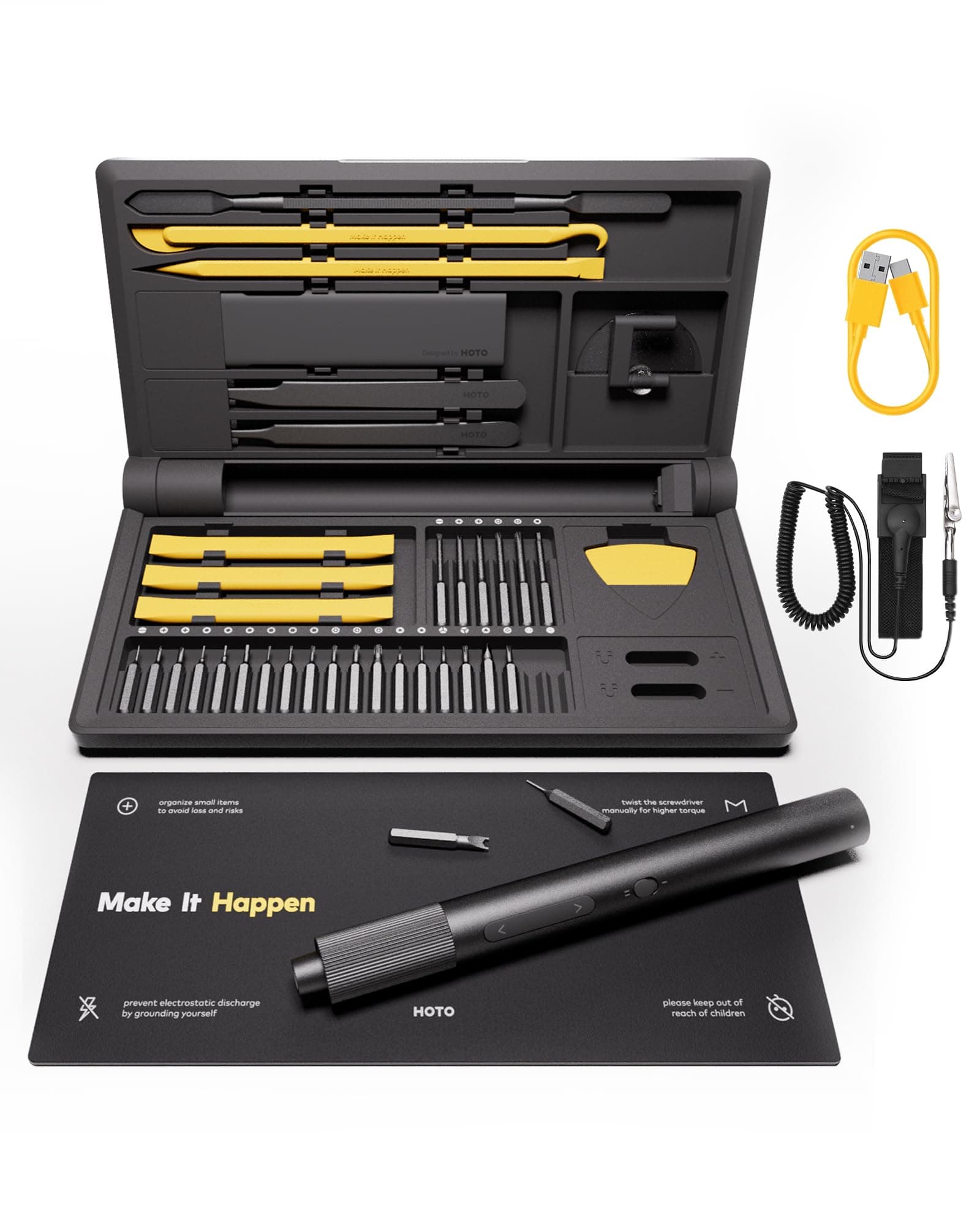 HOTO Precision Screwdriver Set, 110° Upright Workpad, Mini Electric Screwdriver with Charging Dock, 0.05/0.2 N·m Torque, LED Light, 26 Bits and 10 Repair Tools for Electronics, Phones, Laptops