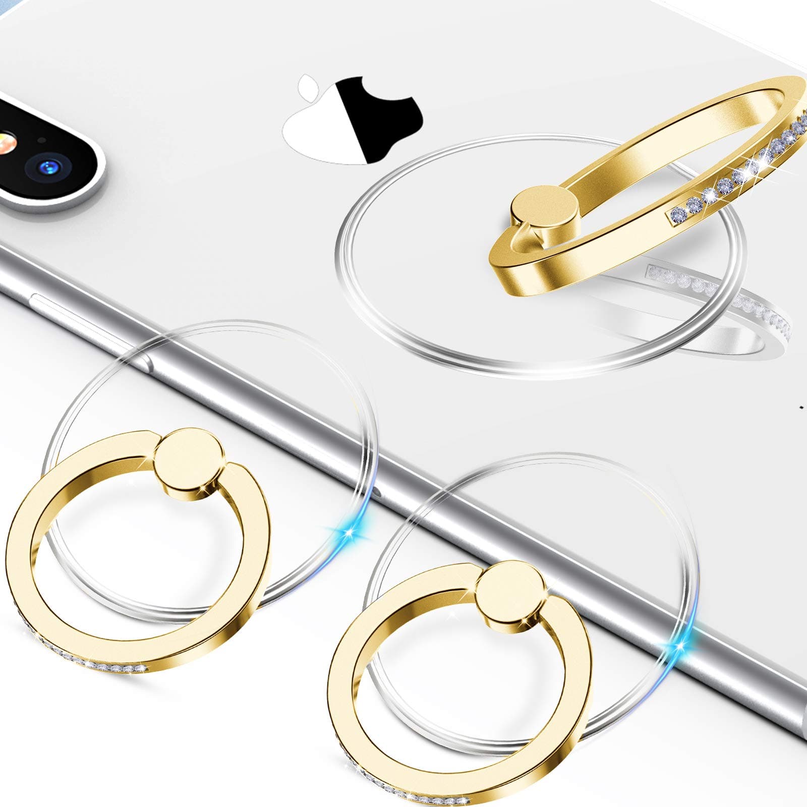 Transparent Phone Ring Holder 2 Pack Cell Phone Ring Holder Finger Grip Loop Universal 360 Degree Rotation (Gold & Diamond)