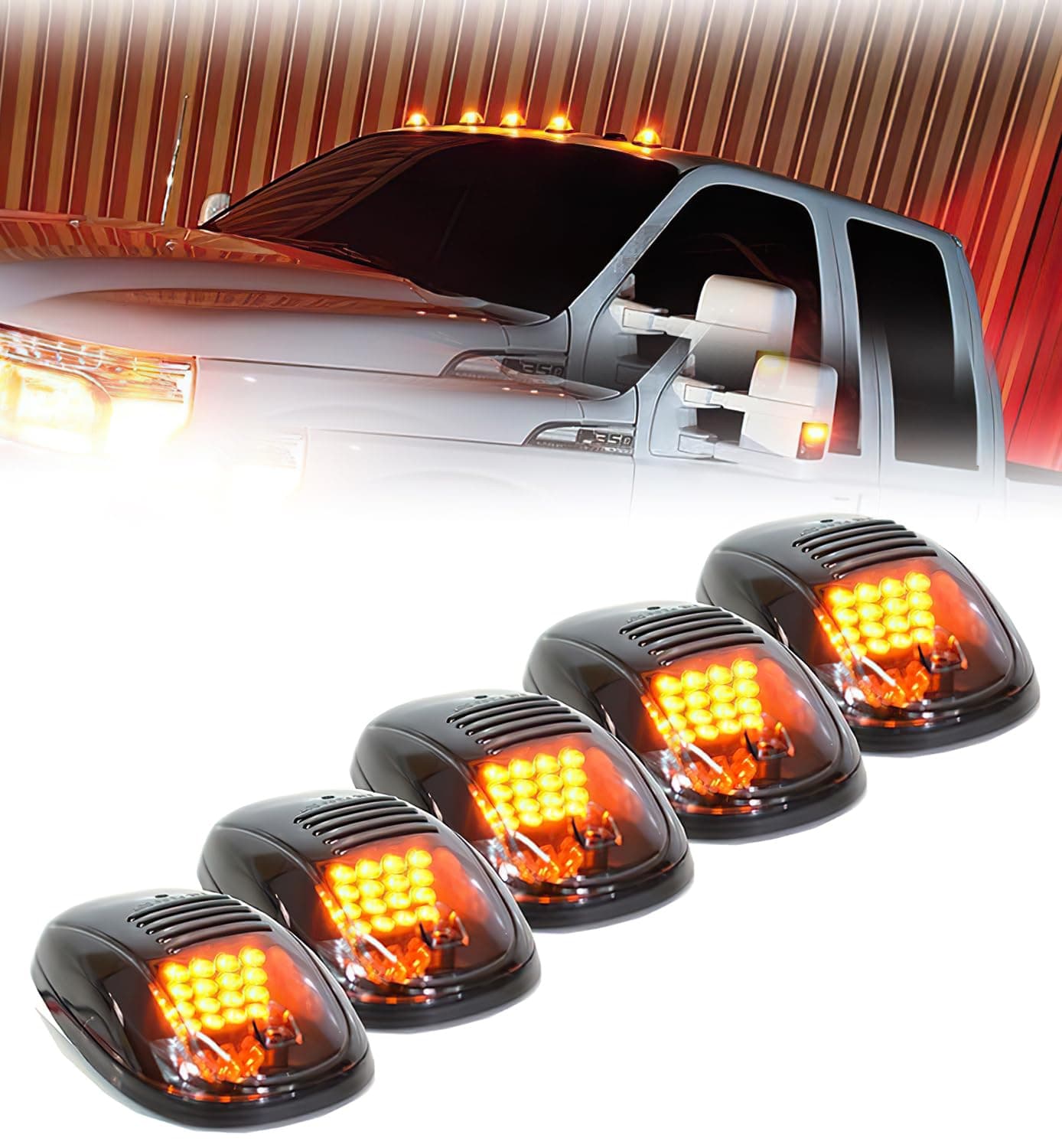 Xprite New Version High Intensity 5pcs Amber Yellow LED Cab Roof Top Marker Running Clearance Lights For Ford Truck SUV Pickup 4x4 (Black Smoked Lens Lamps)