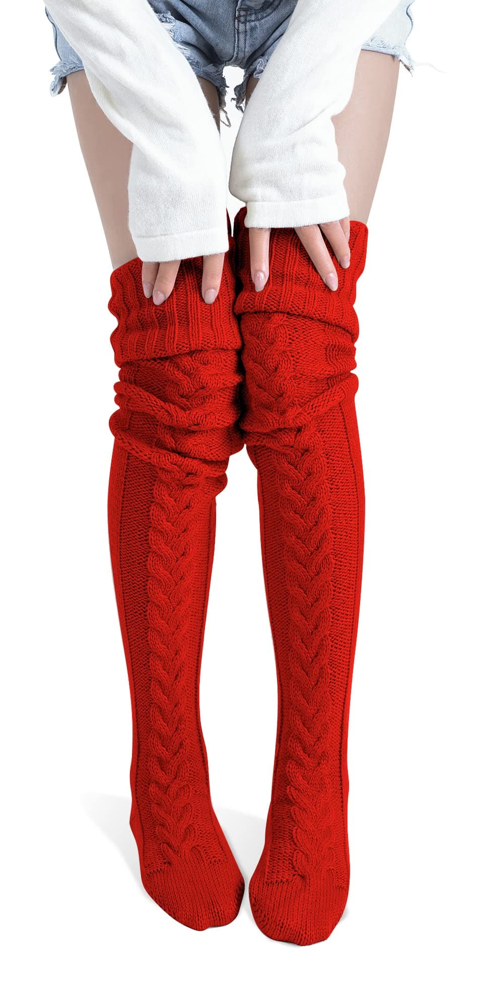 PcavinWomen's Thigh High Socks Over the Knee Cable Knit Boot Socks, Long Warm Fashion Leg Warmers Winter(Red(2024))