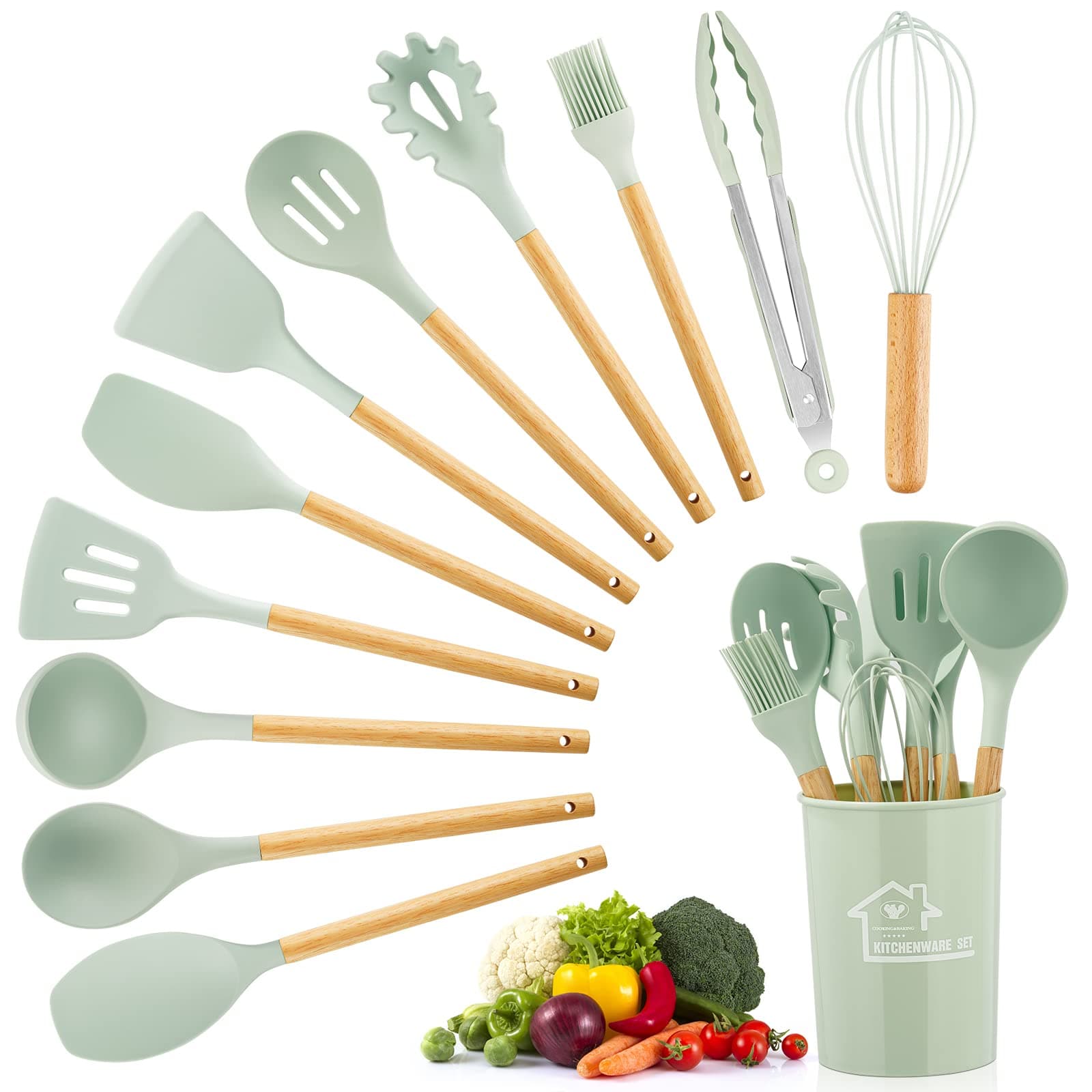 Silicone Kitchen Utensil Set, 12 Pcs Non-Stick Cooking Tools with Wooden Handle, Heat Resistant, Dishwasher Safe