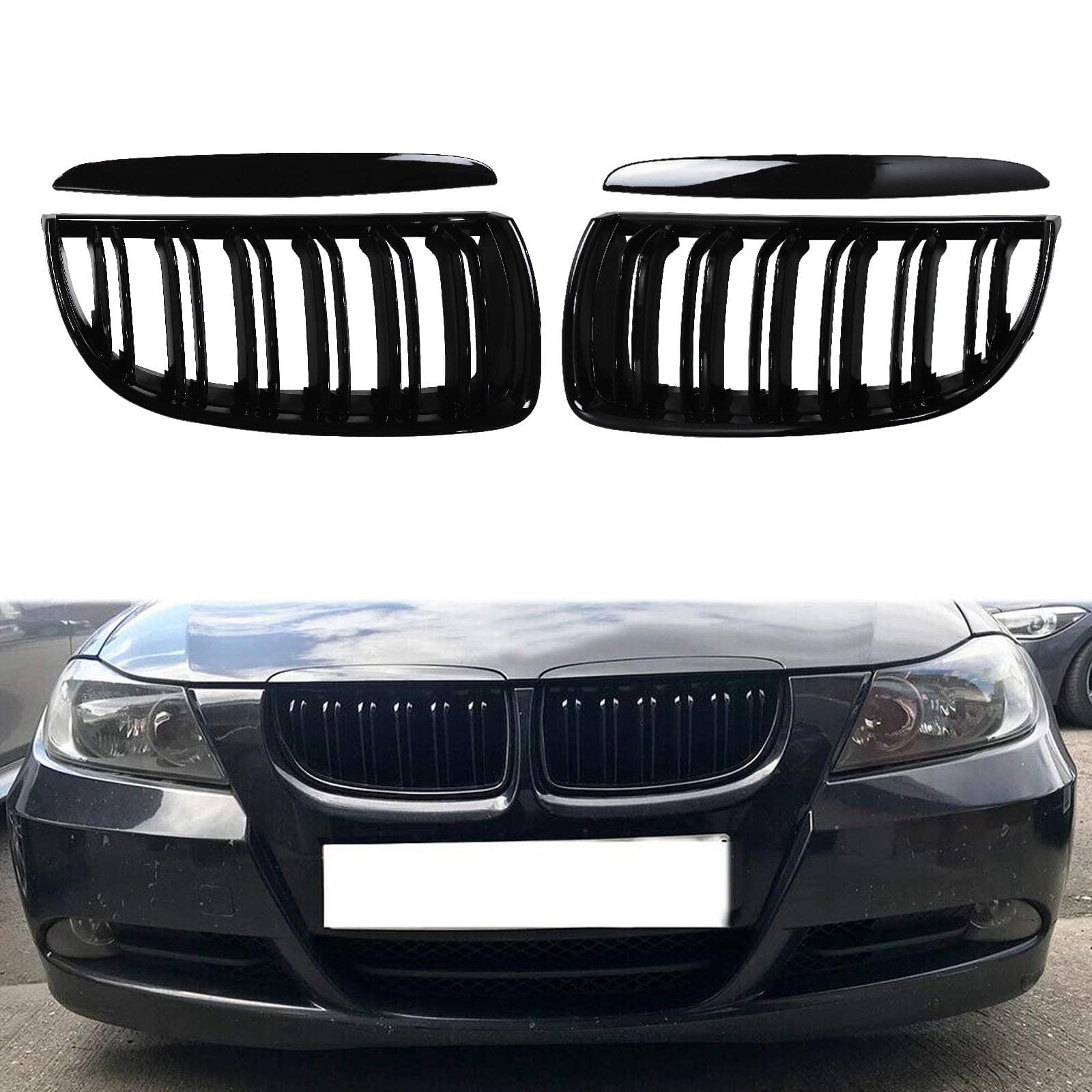 E90 Grille Front Kidney Grill Compatible with BMW 3 Series E90 E91 2005-2008, Double Slats & Gloss Black Kidney Grille