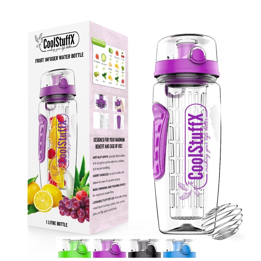 Coolstuffx 3-in-1 Fruit Infuser 1 Litre water bottle + protein shaker. Motivational time-guide, BPA-Free, FREE Washing brush