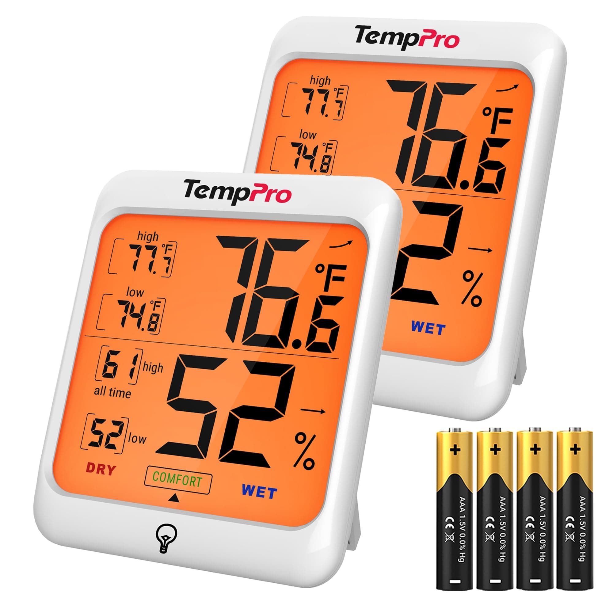 TempPro TP53 2 Pack Digital Hygrometer Indoor Thermometer for Home, Temperature Humidity Meter with Comfort Indicator & Max Min Records, Backlit Display Room Thermometer (Previously ThermoPro)