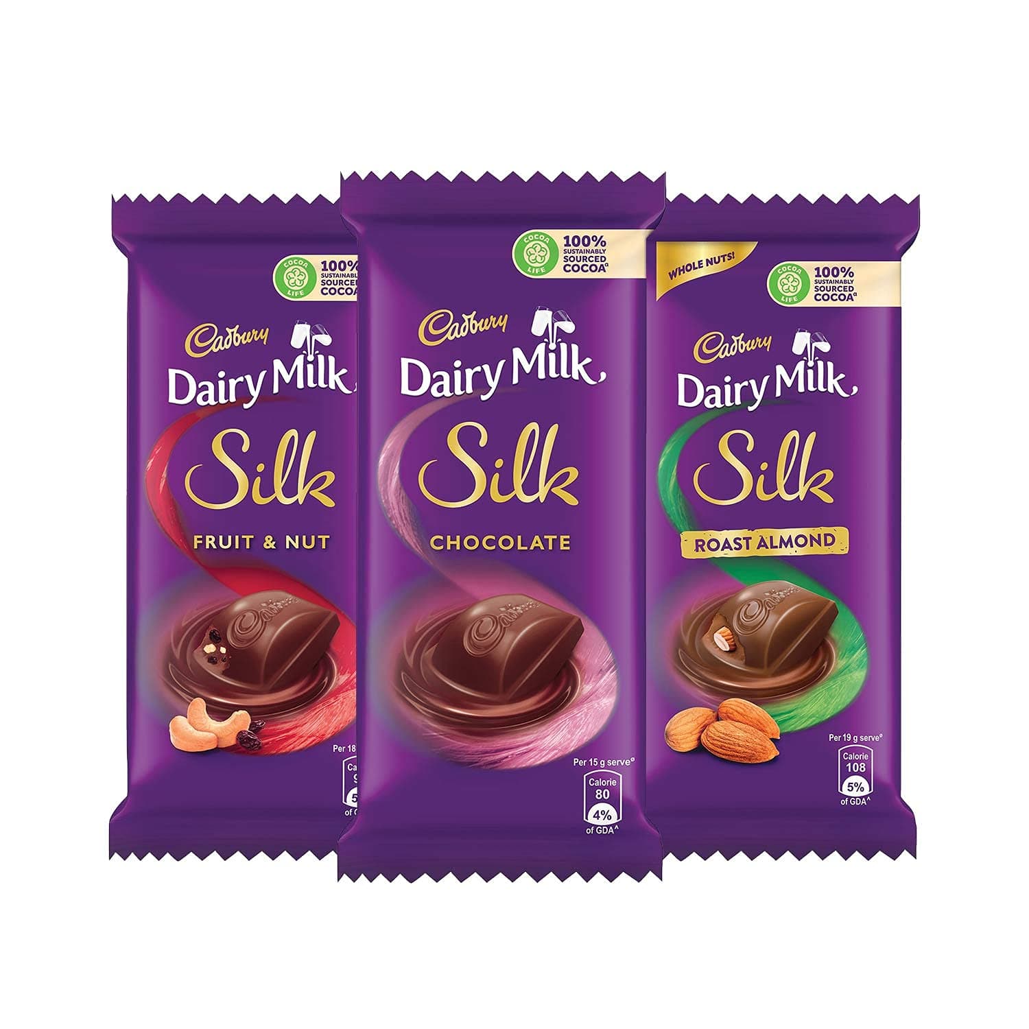 Cadbury Dairy Milk Silk Small Chocolates Combo (2 X Plain 60G, 2 X Roast Almond With Whole Nuts 58G And 2 X Fruit And Nut 55G), 346 Grams