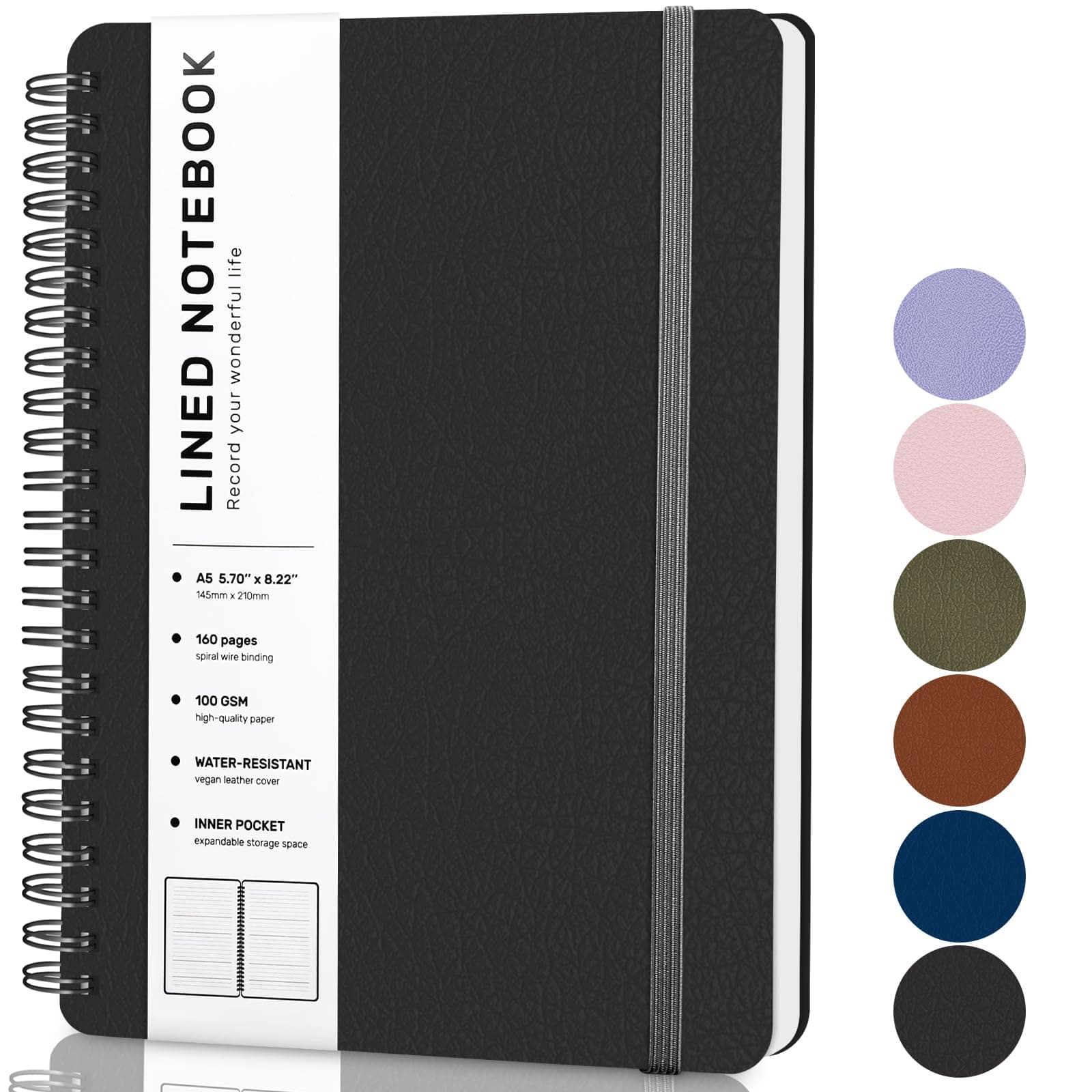 ABERLLS Black Lined Spiral Journal Notebook with 160 Pages, 8×5.7in, A5 Spiral Notebooks, Journaling Notebooks for Work, School, Women, Men, College Ruled Notebook, Hardcover Leather Journals