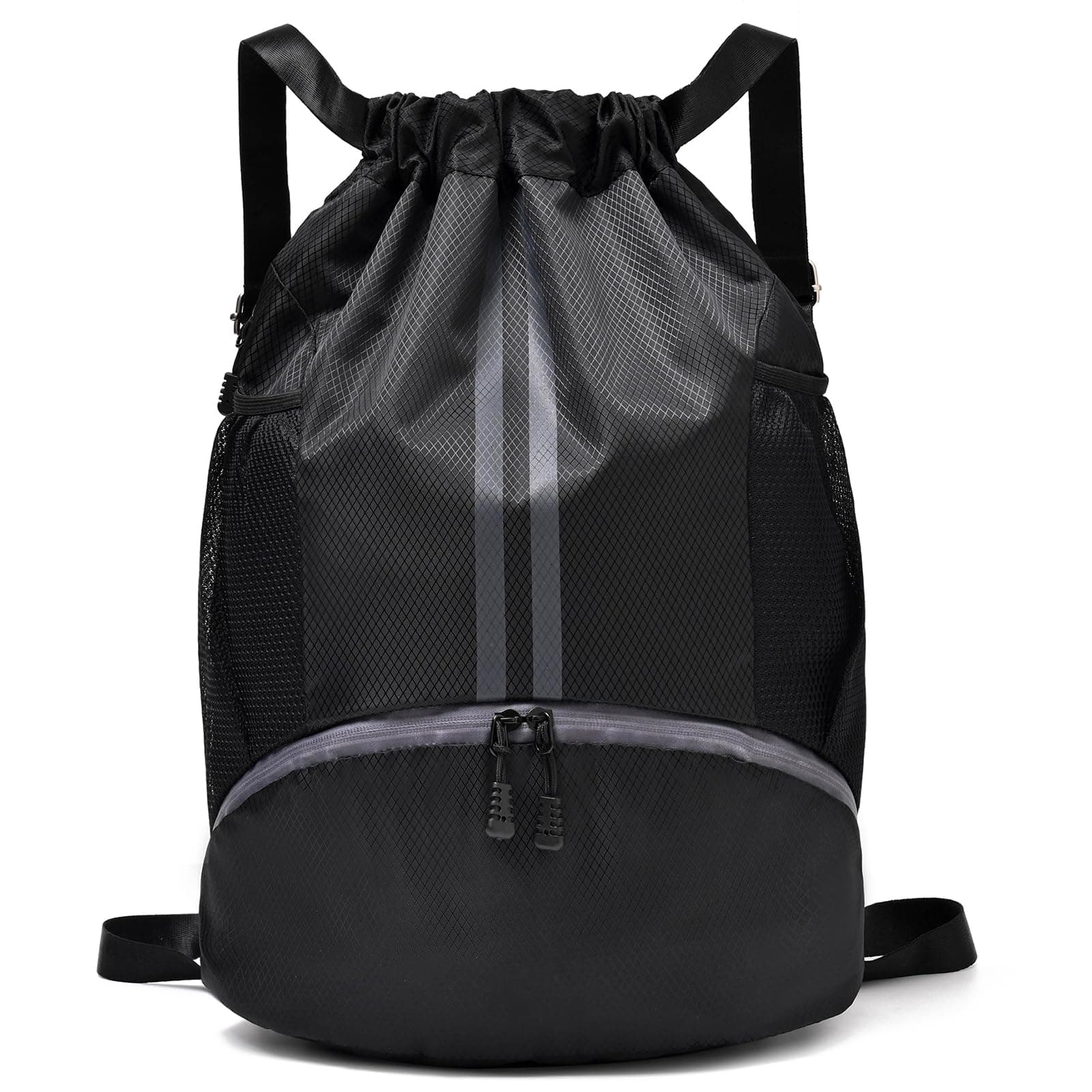 LOKAPEGY Black Drawstring Gym Bag for Men, Waterproof Drawstring Backpack for Women, Swim Bag with Shoes Compartment, Pull String Sport Bag for Soccer and Basketball.