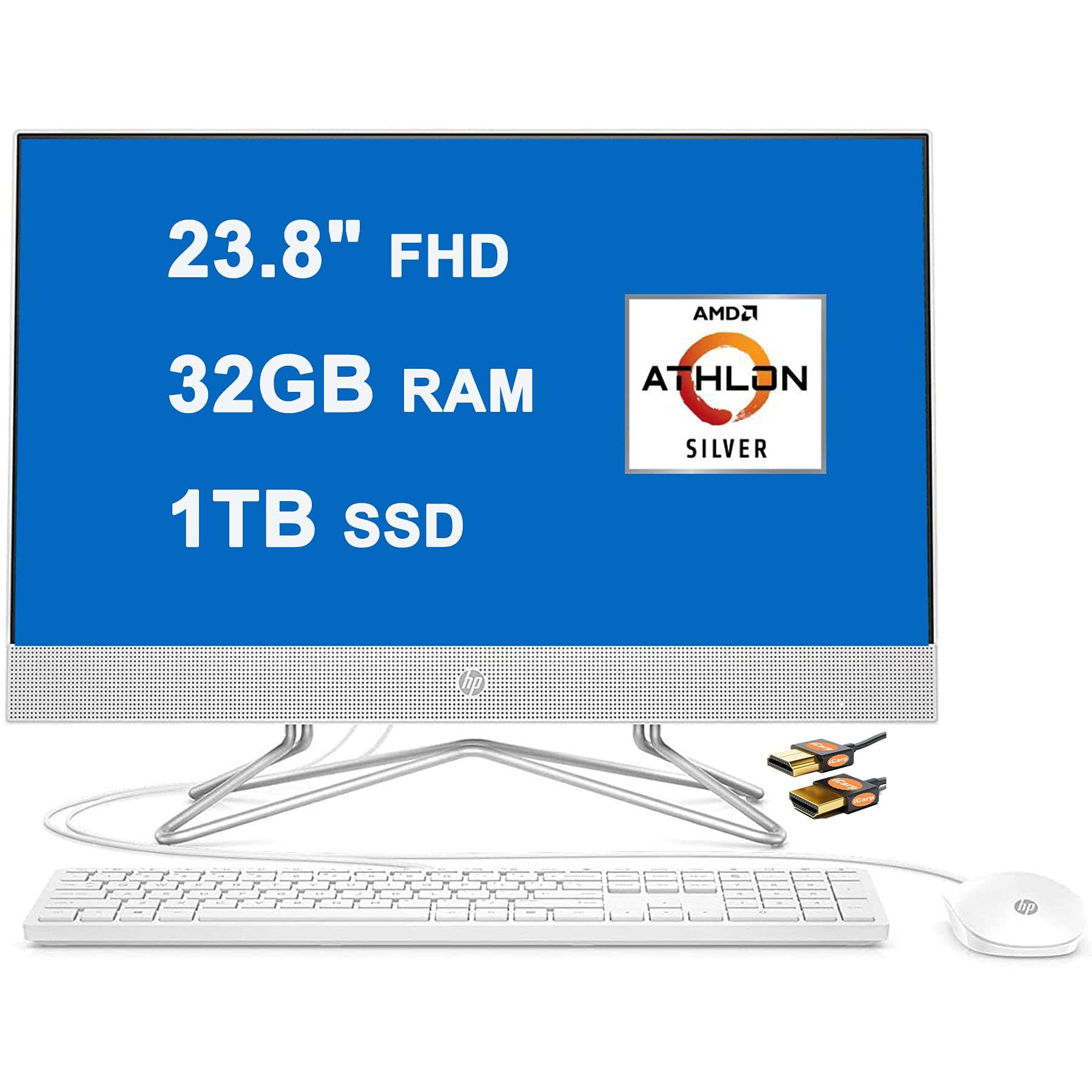 HP 24 All-in-One Desktop Computer 23.8" FHD WLED Anti-Glare Display AMD Athlon Silver 3050U Processor 32GB RAM 1TB SSD Pop-Up Webcam DVD-RW HDMI Win11 White + HDMI Cable