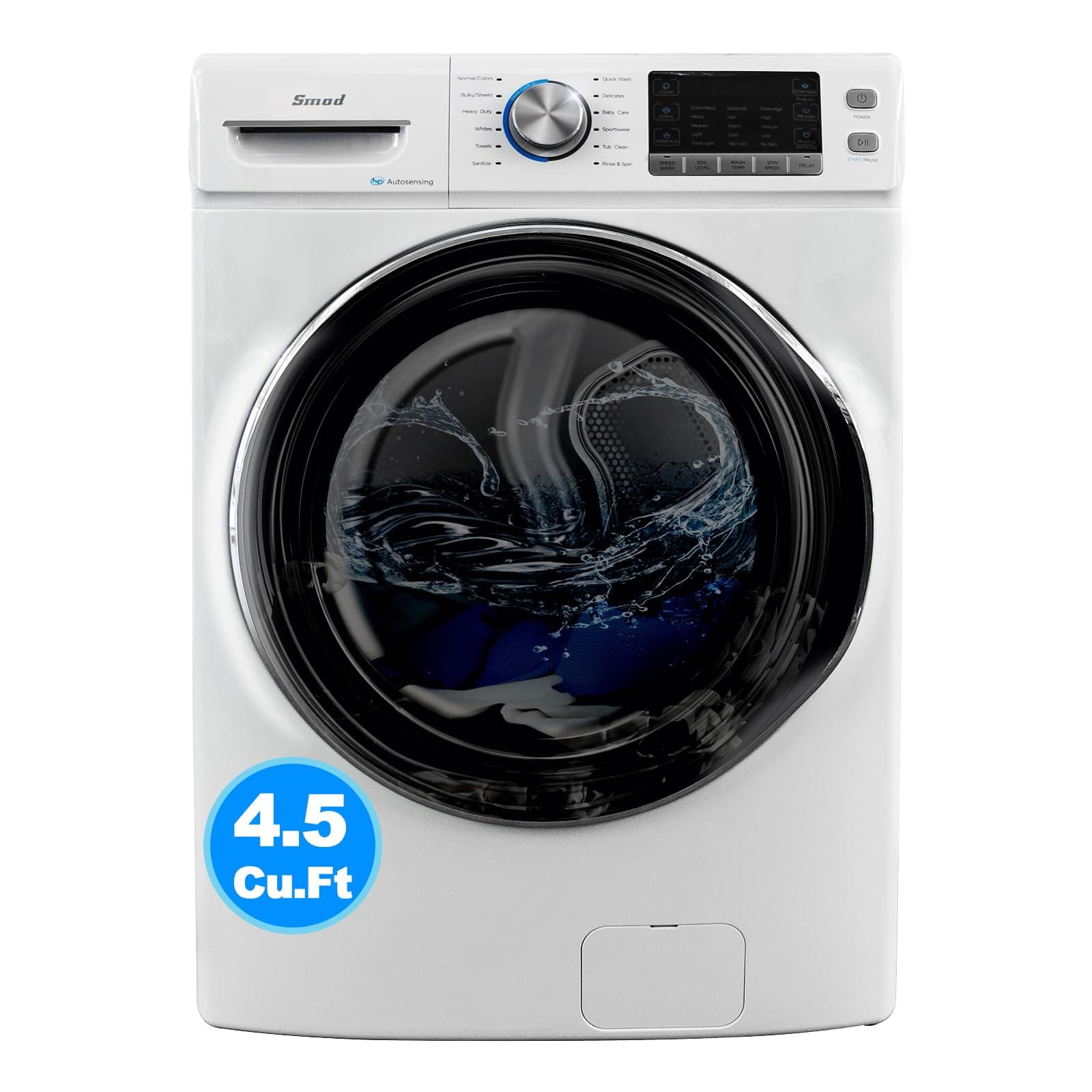 4.5 Cu. Ft. Front Load Washing Machine with Quiet Inverter Motor, 27 in. Front Load Washers, Steam and Water Plus Functions, Quick Wash, 12 Washing Cycles, 120V, White