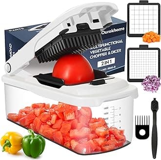 Chopper Vegetable Cutter with Container, Manual Hand Food Onion Dicer with 2 Chopping Blades for Potato Strips, Veggie Cubers, Carrot Sticks, Essential Kitchen Gadgets (2 in 1, White)