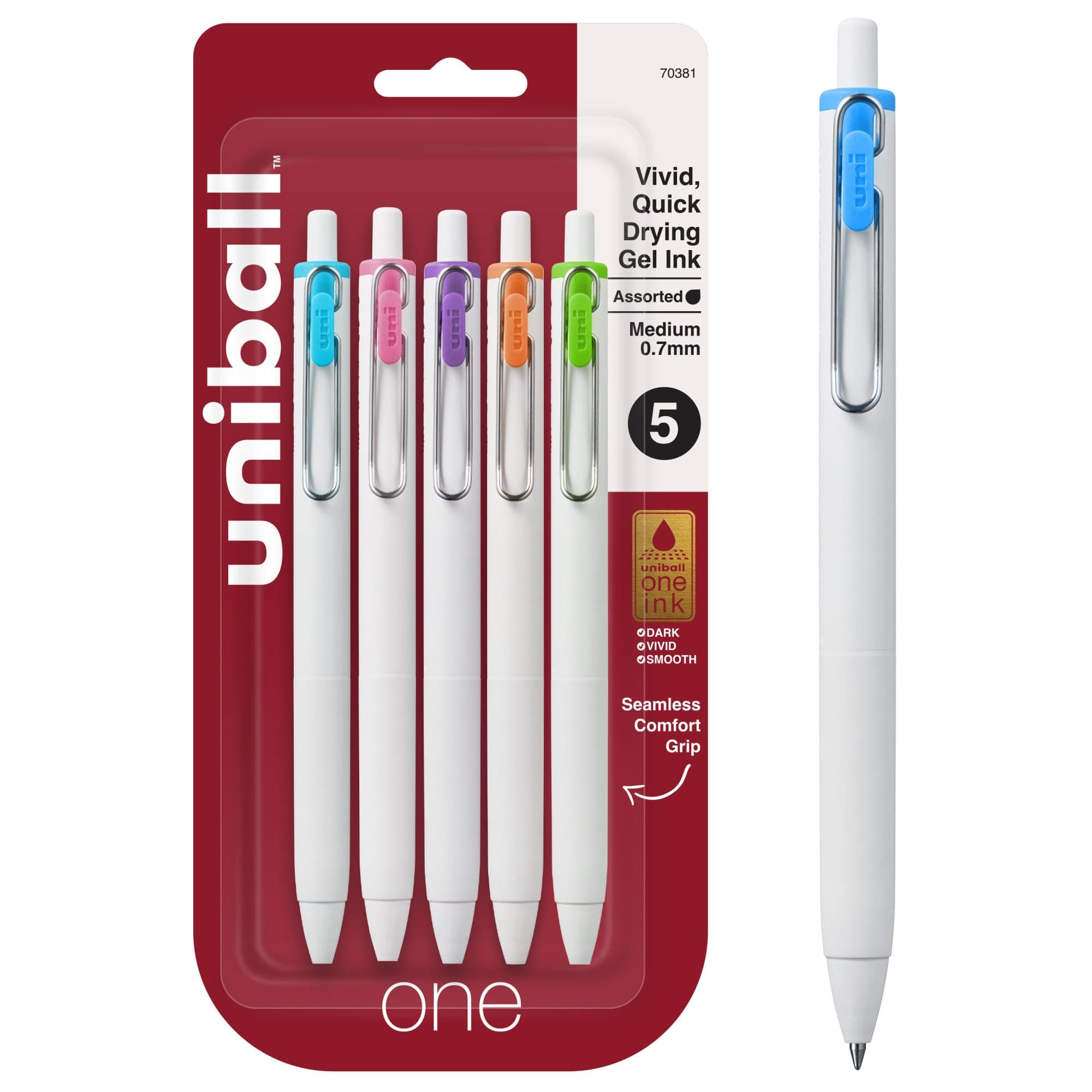 One Retractable Gel Pens Medium Point, 0.7mm, Assorted, 5 Pack