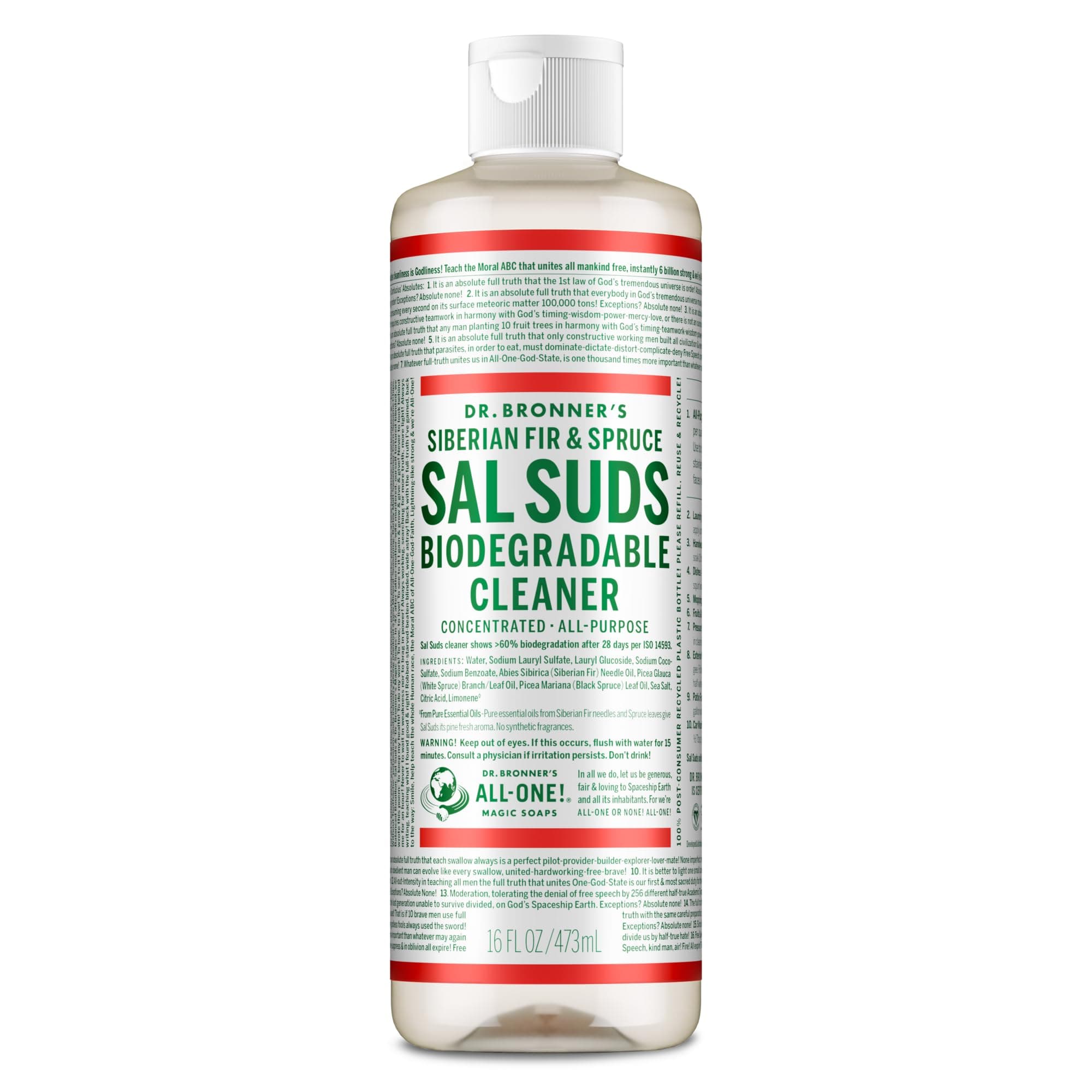 Dr. Bronner's Sal Suds Biodegradable Cleaner (16 oz) – All Purpose Pine Mop Detergent for Floors, Laundry & Dishes, Multi Surface Concentrate, Heavy-Duty Degreaser