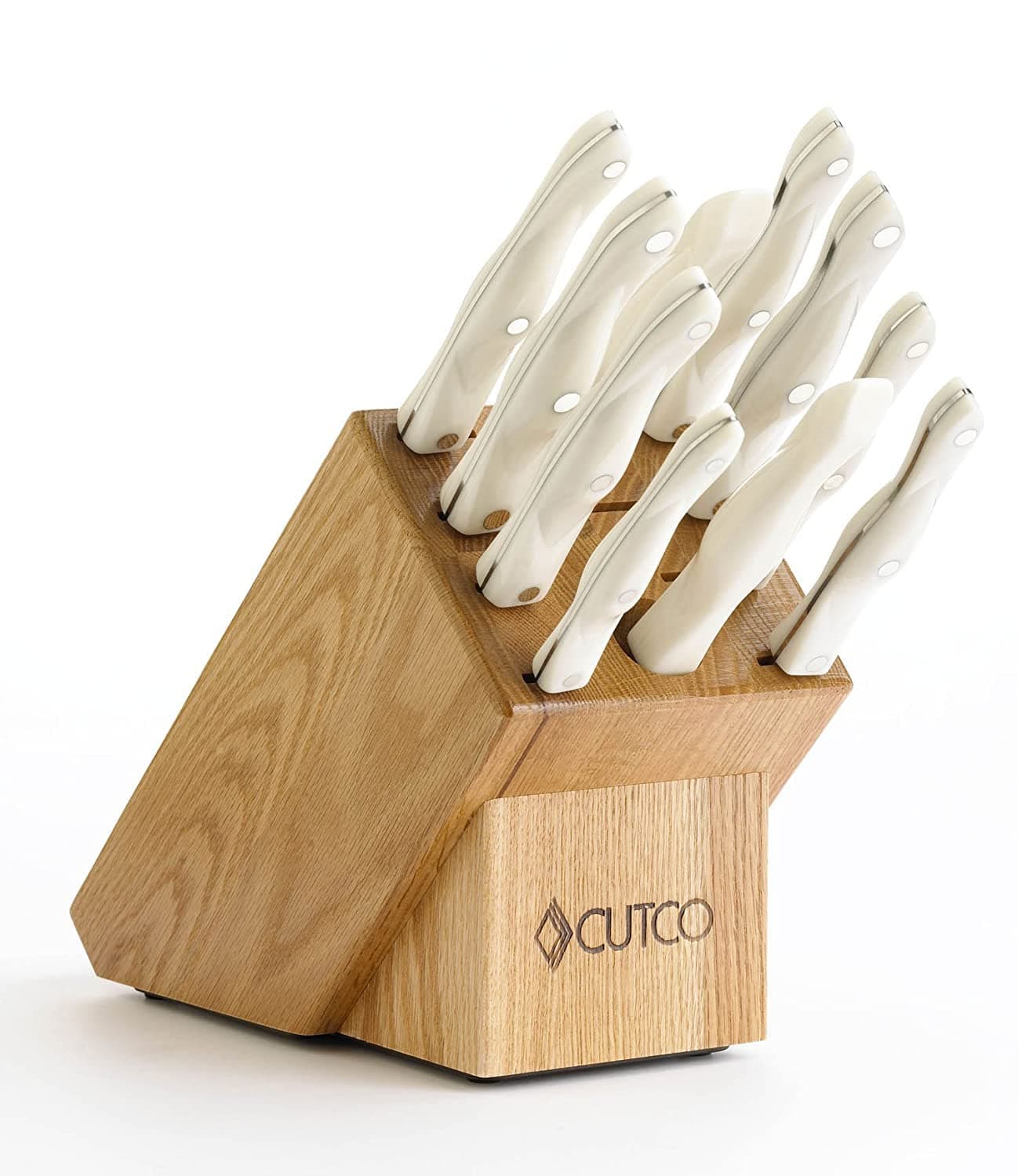 CUTCO Model 2018 White (pearl) Homemaker+8 Set............18 High Carbon Stainless knives & forks in factory-sealed plastic bags............#1748 Honey Oak knife block, #82 Sharpener, and #125 10'' x 13'' Poly Prep cutting board also included.