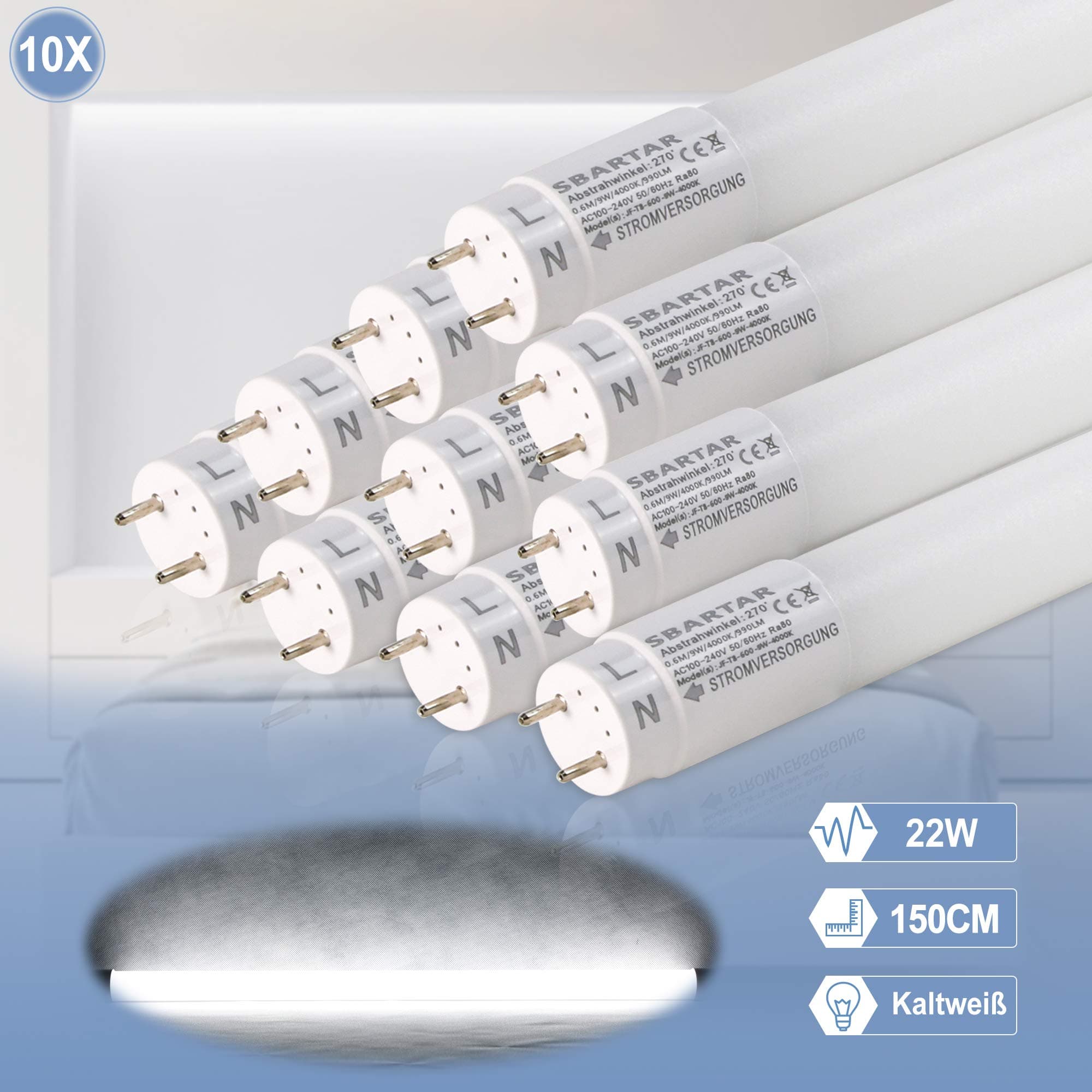 10-Pack SBARTAR T8 LED 5FT(150CM) Fluorescent tube light Nano plastics Cool White 6500k Daylight replacement 22w 2500lm included starter [Energy Class A+]