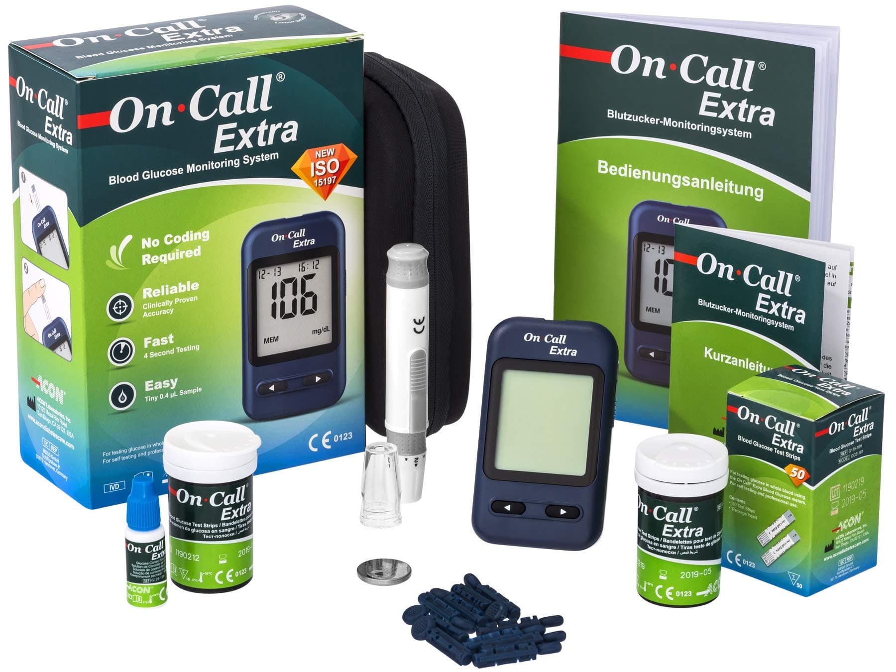 On Call Extra Blood Glucose Meter Starter Kit (incl. 10 Test Strips, 10 Lancets, 1 Lancet Device, 1 Control Solution) (MMOL/L)