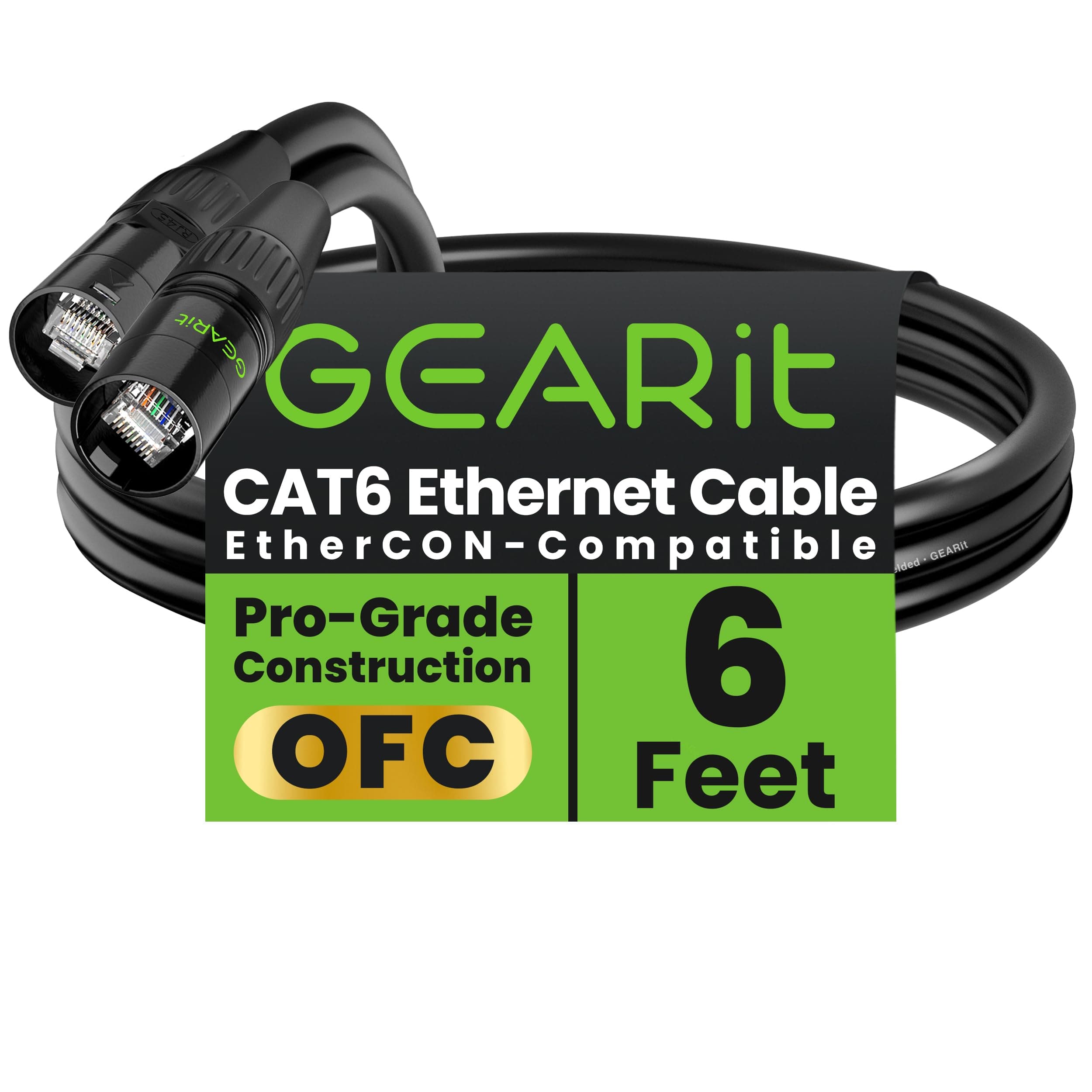 GearIT CAT6 Ethernet Cable, EtherCON-Compatible (6 Feet) RJ45 Connectors for Pro Audio, Aluminum Shielded, Oxygen Free Copper - 6 ft. - Black