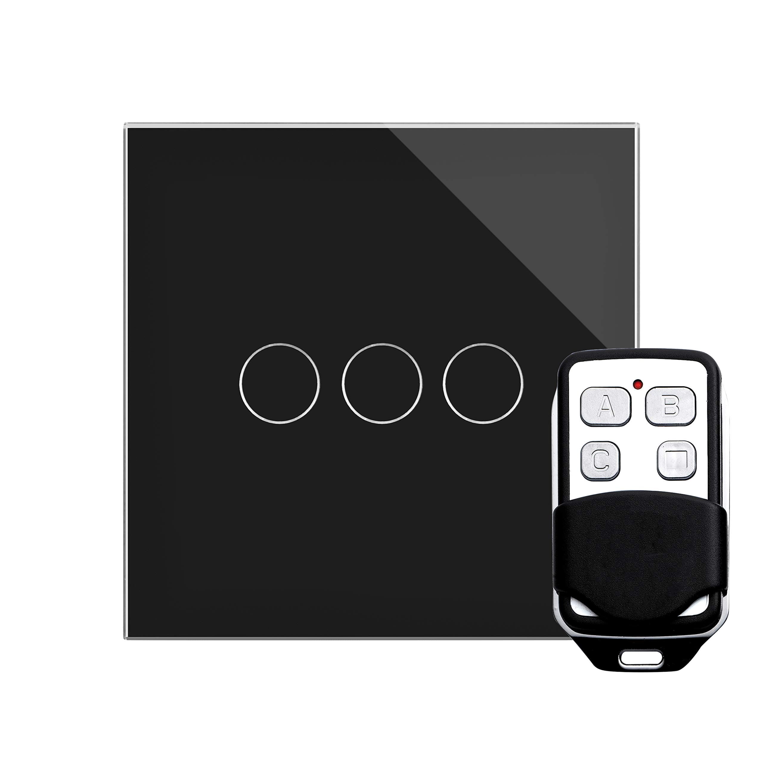 Stunning Innovative Designer Range 3-Gang 1-Way Touch and Remote Light Switch, Black Glass