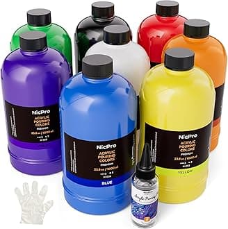8 Colors Large Bulk Acrylic Pour Paint Set (33.8 oz, 1000 ml) Premixed High Flow Art Pouring Paint Supplies Kit with Silicone Pour Oil, Gloves for Beginner Cell Creation Flow DIY, Ready to Pour