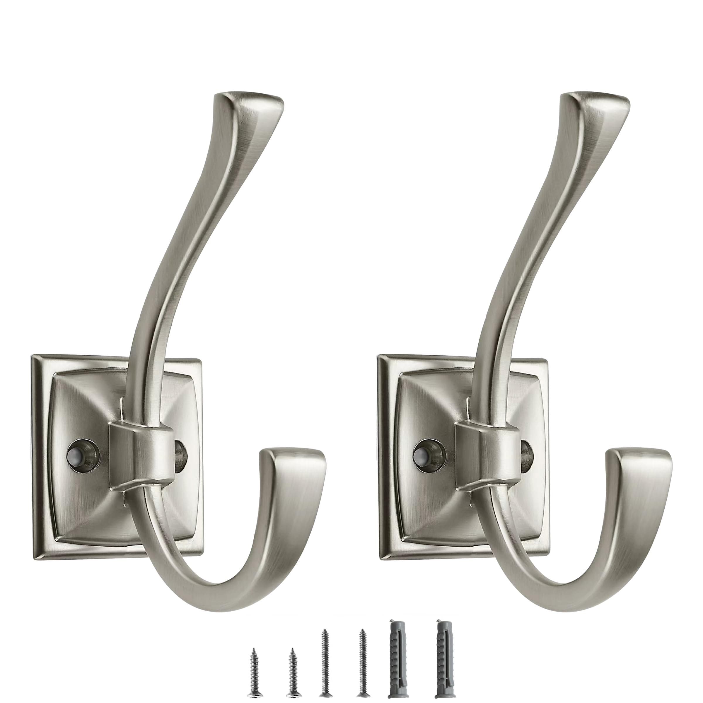 2 Pack Decorative Heavy Duty Towel Hooks for Hanging Robe Double Satin Nickel Coat Hooks Wall Mounted with Screws for Key, Towel, Bags, Cup, Hat