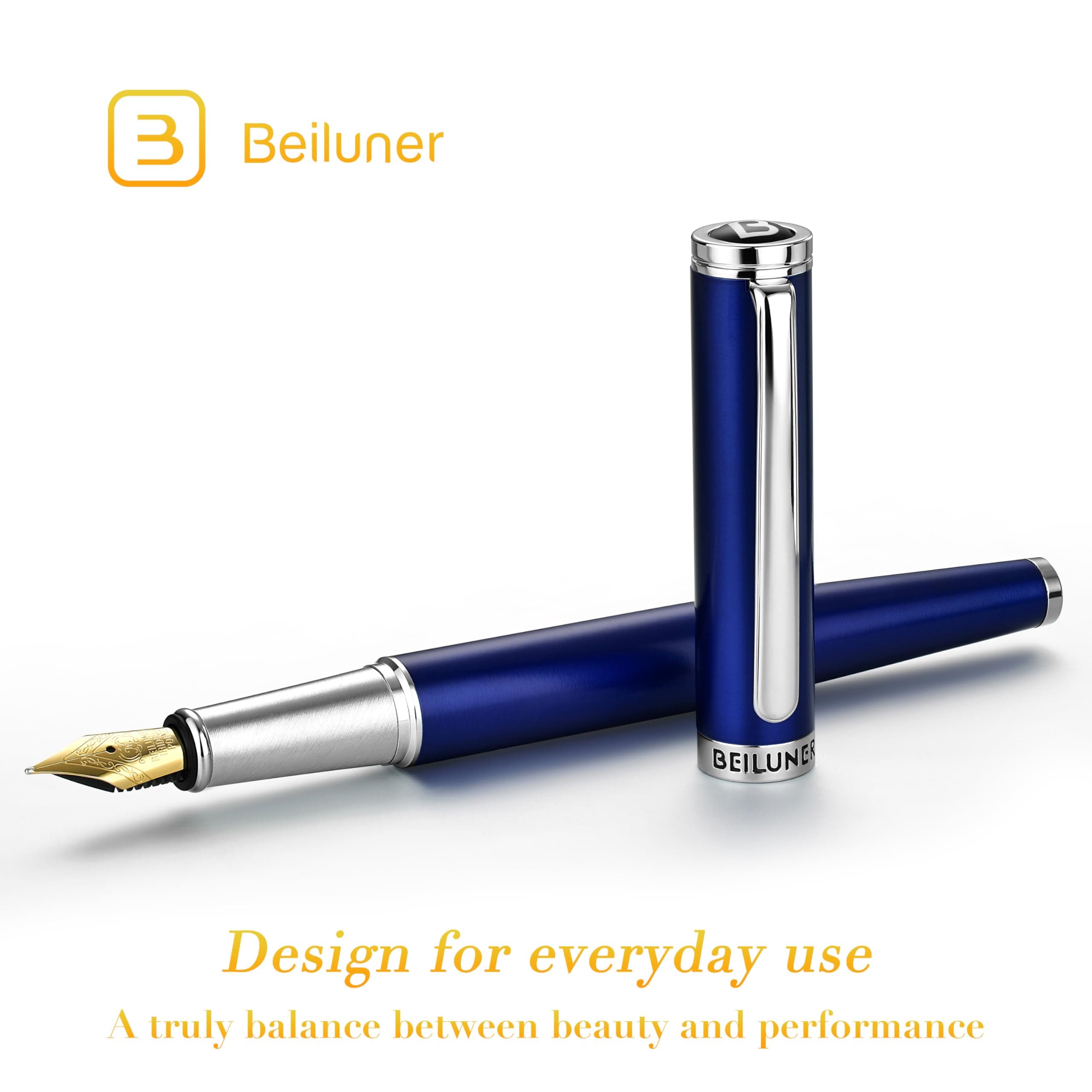 BEILUNER Luxury Fountain Pen Set,Solid 24K Gilded Medium Nib, Modern Classic Limited Edition -Includes 6 Ink Cartridges&Ink Refill Converter with Gift Case-Perfect for Men and Women（Charming blue）