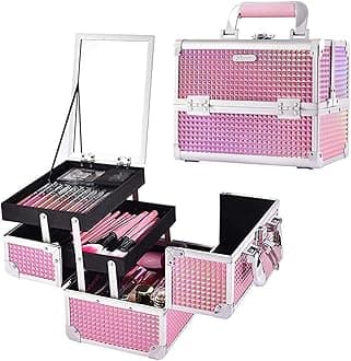 Joligrace Makeup Box Cosmetic Train Case Jewelry Organizer Lockable with Keys and Mirror 2-Tier Tray Portable Carrying with Handle Travel Storage Pink Mermaid Pink