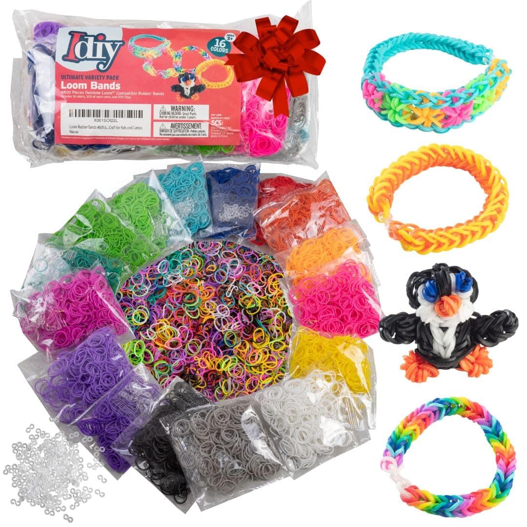 Loom Rubber Bands 4800 pc Refill Kit w 16 Unique Rainbow Colors (300 of Each) & 200 Clips- Works w All Rubber Band Jewelry Looms - DIY Gift for Girls Boys & Kids Bracelet Making Stocking Stuffer Craft