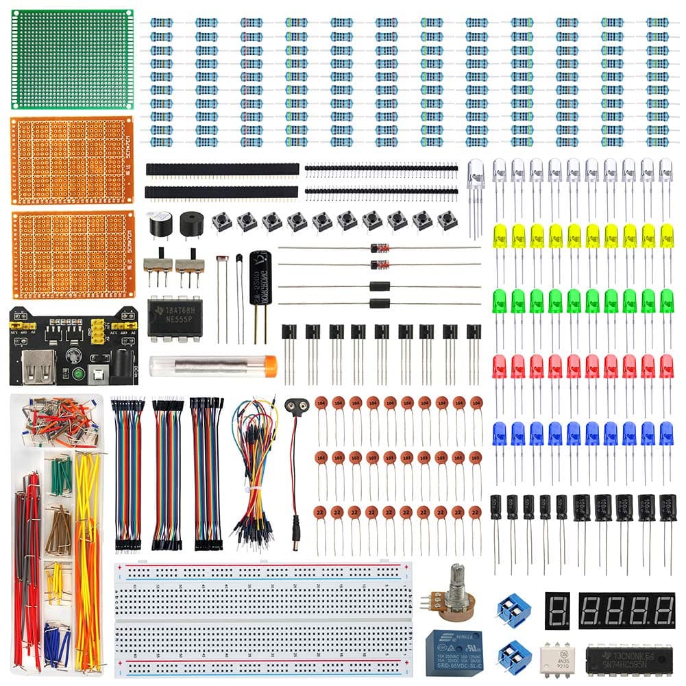 Electronics Component Fun Kit w/E-Book, Upgraded Electronic Starter Kit with Breadboard Jumper Wires Kit, PCB Soldering Kit, LEDs & Resisitor Kit for Arduino/for Raspberry pi/ESP32/ESP8266