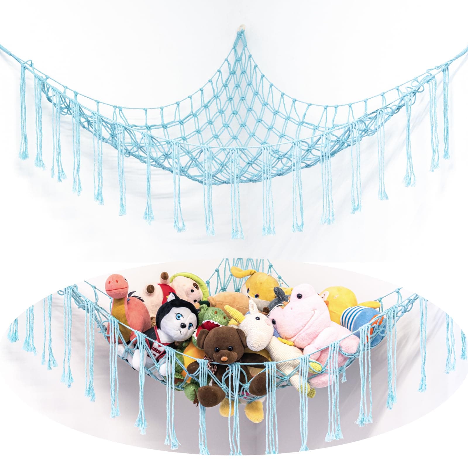 Boho Stuffed Animals Net or Hammock Large,55 inch Toy Hammock Macrame Stuff Animal Storage Corner Hanging Net Holder,Mesh Hammock Plush Toy Organizer with Hooks for Bedroom,Nursery (pale blue)
