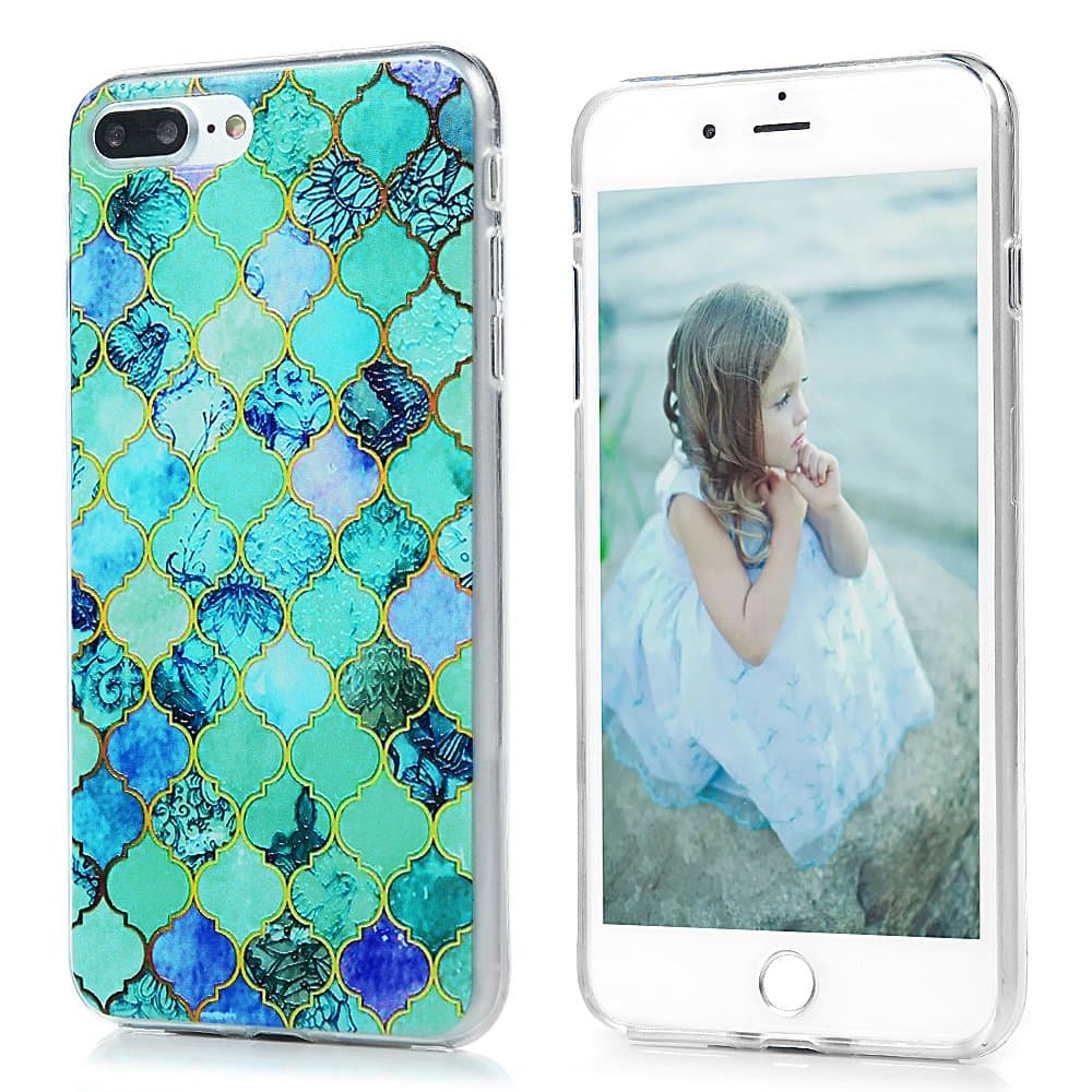 iPhone 8 plus Case, iPhone 7 plus Case - TPU Rubber Skin Bumper Case Shockproof Flexible Easy Grip with Cute Floral Painting Ultra Slim Protective Cover for iPhone 7 Plus/8 plus - Green Grids