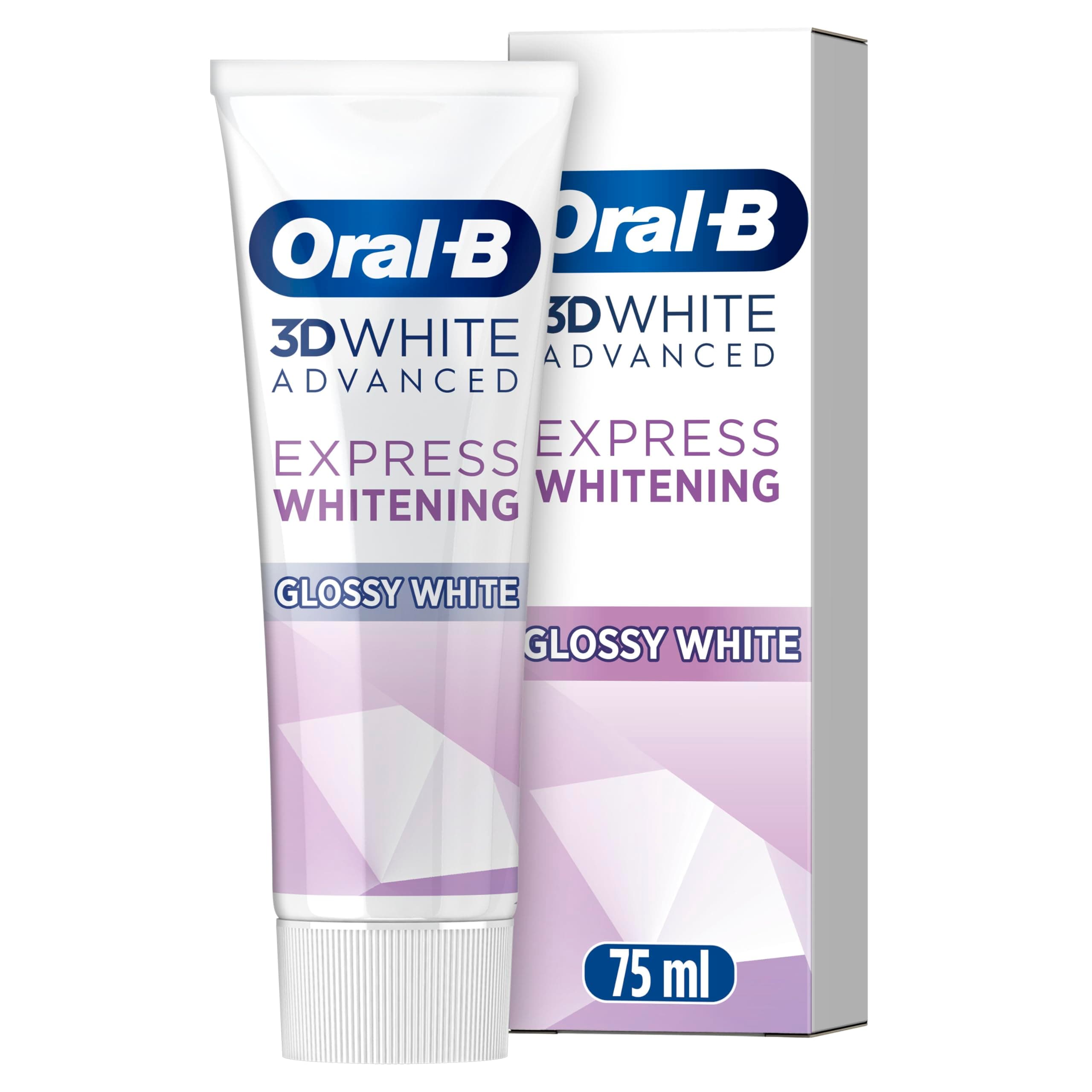 Oral-B 3D White Advanced Toothpaste, Express Whitening, Glossy White, 75ml, Teeth Whitening & Teeth Stain Removal, Eucalyptus Flavor