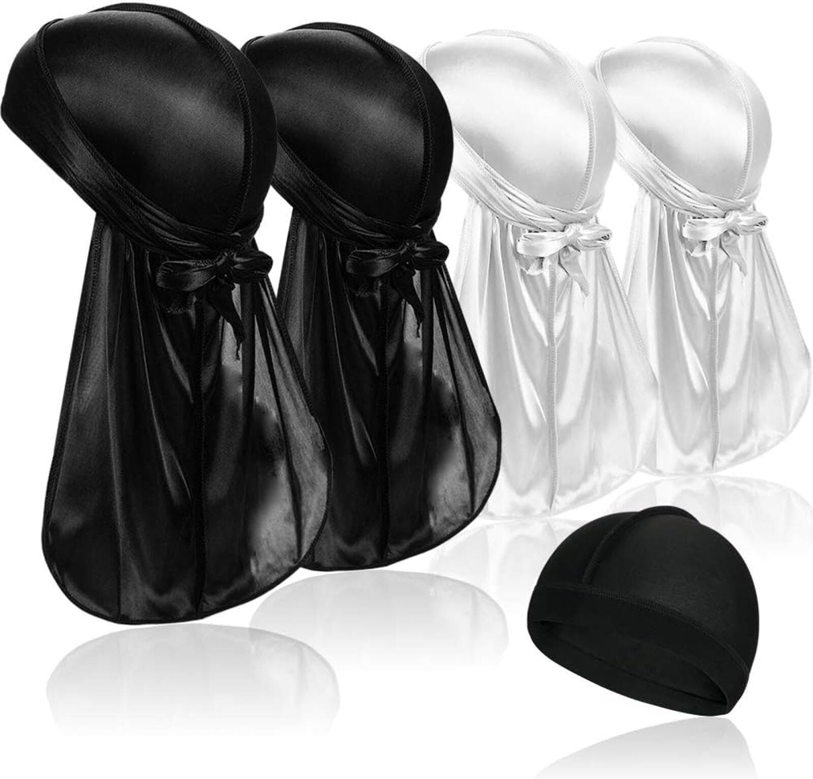 4 Pcs Silky Durag Caps Headwraps with Long Tail and 1 Piece Silk Wave Cap Perfect for Men 360 Waves
