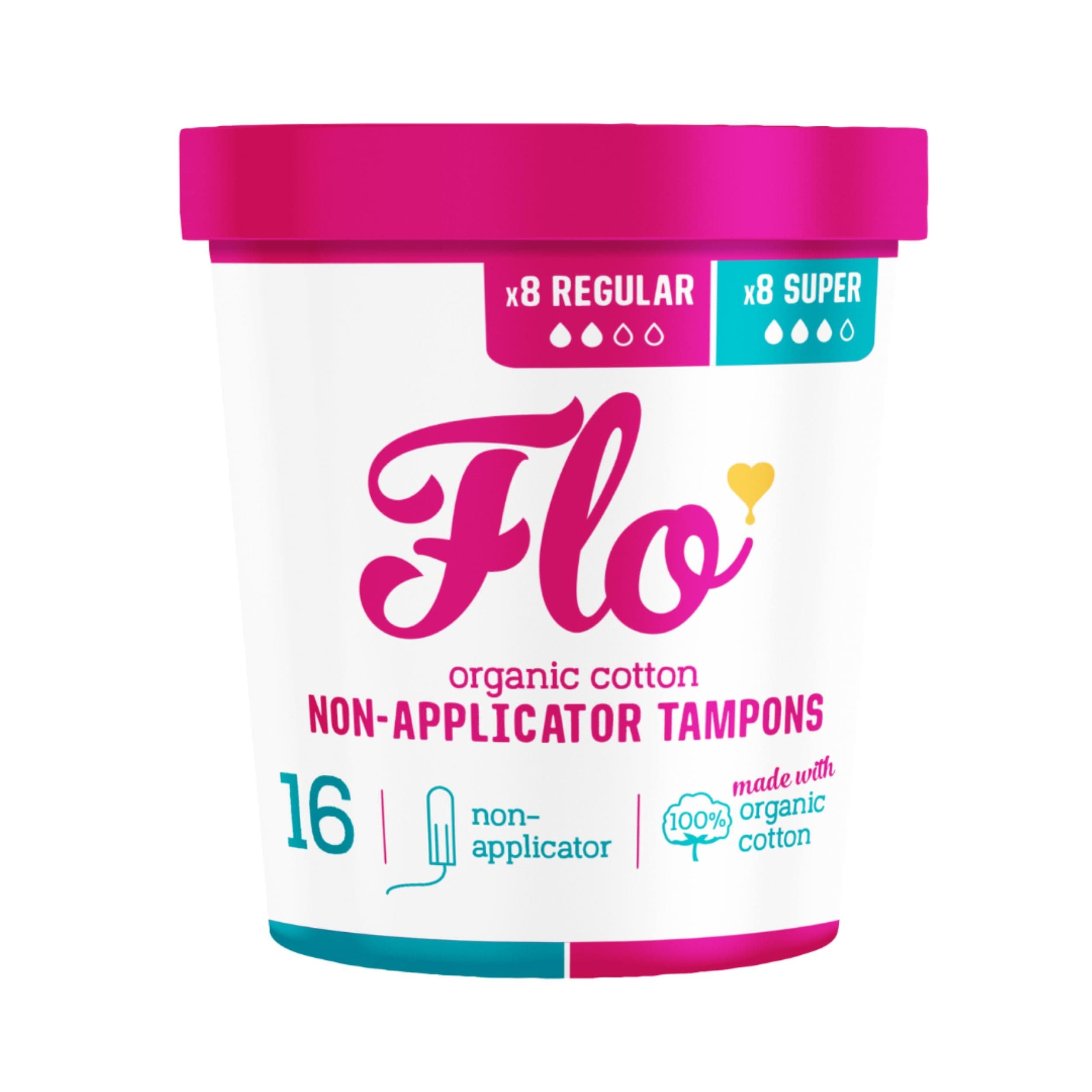 Flo Organic Cotton Non-Applicator Tampons Combo Pack – Absorbent, Soft - 8 Regular & 8 Super Tampons - 16 Tampons