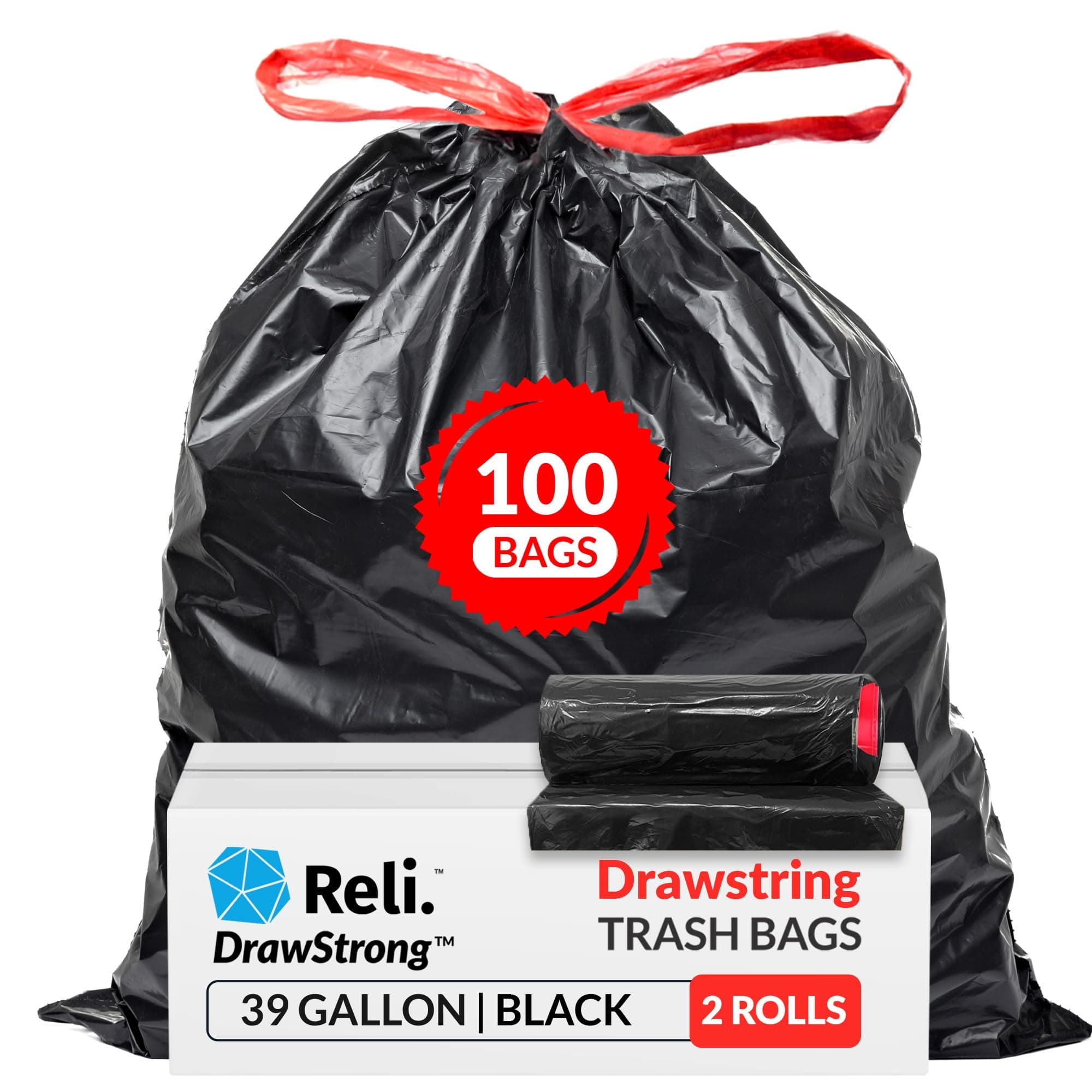 Reli. 39 Gallon Trash Bags Drawstring (100 Count) Large 39 Gallon Heavy Duty Drawstring Trash Bags, Garbage 39Gal Capacity, Lawn Leaf (39Gal, Black)