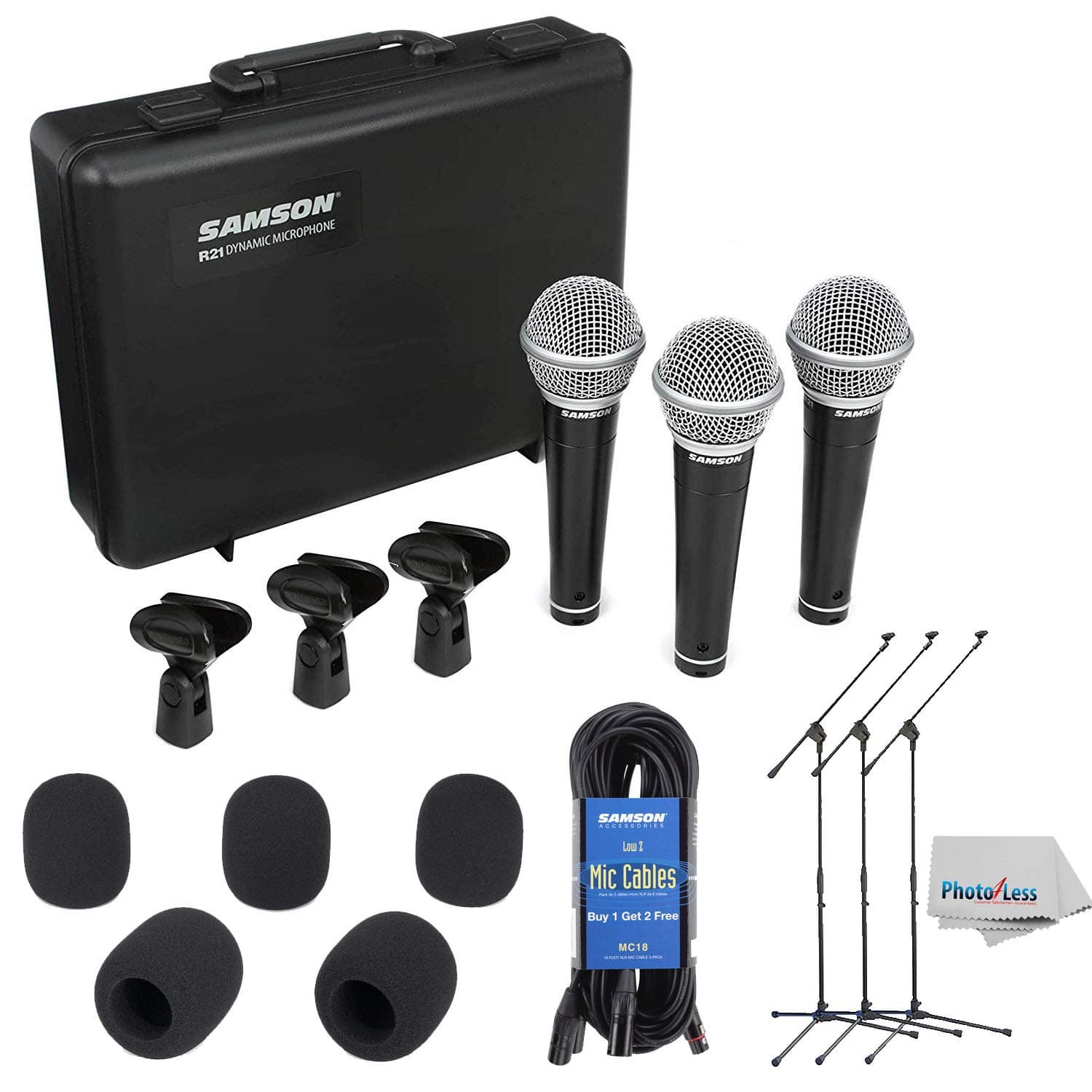 Samson R21 - Dynamic Vocal/Presentation Microphone 3-Pack for Live Performance and Recording + Lightweight Boom Mic Stand + 18' Mic Cable (3 Pack) + 5 Mic Windscreens & Clean Cloth