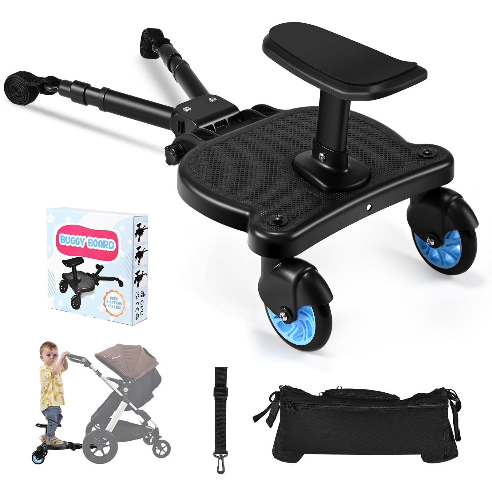 BugyKido Universal Buggy Board with Seat, Kiddy Board with Pram Organiser Bag, Pram Standing Board Compatible with Over 99% of Pushchairs, for Children from 2-6 Years, Load 25 KG (Blue)
