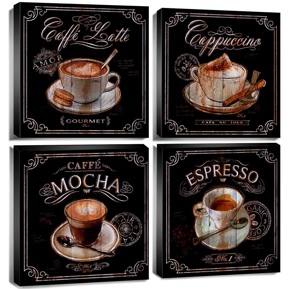 Coffee Wall Art Kitchen Home Decor Canvas Print Coffee Cup Pictures Modern Artwork Framed 16x16 Inch 4 Panels Vintage Coffee Espresso Mocha Still Life Painting Decoration Coffee Shop Dining Room