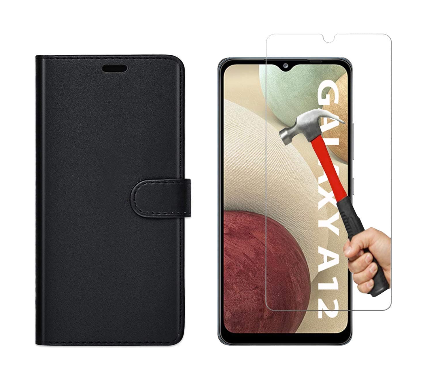 KP TECHNOLOGYGalaxy A12 Case, Galaxy A12 Leather Case, Galaxy A12 Book Flip Leather Wallet Cover with Tempered Glass Screen Protector for Samsung Galaxy A12 (BLACK)