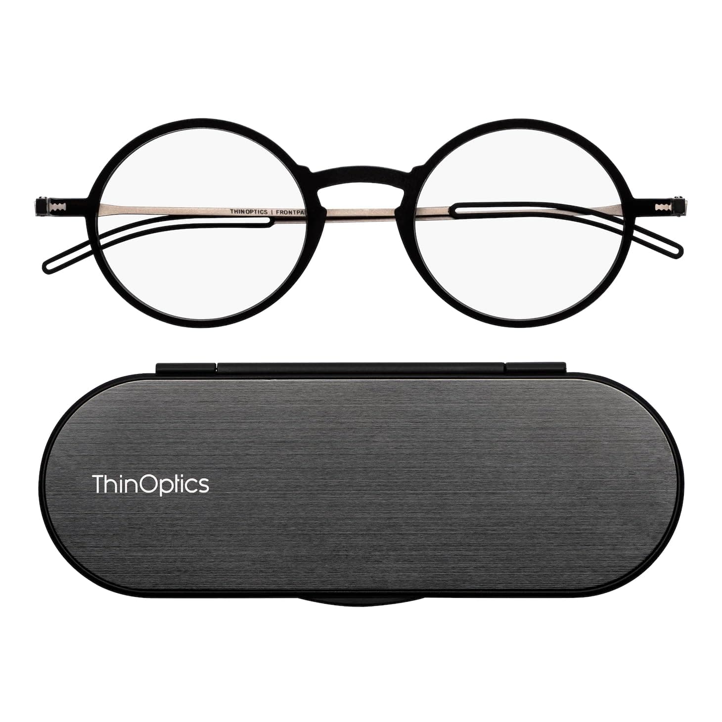 ThinOptics Reading Glasses 1.0 1.5 2.0 2.5 with Slim 4mm Magnetic Case - Ultra Light Spectacles with Round Frame - Stylish Readers for Men & Women – Thin Design with Brushed Aluminium Case
