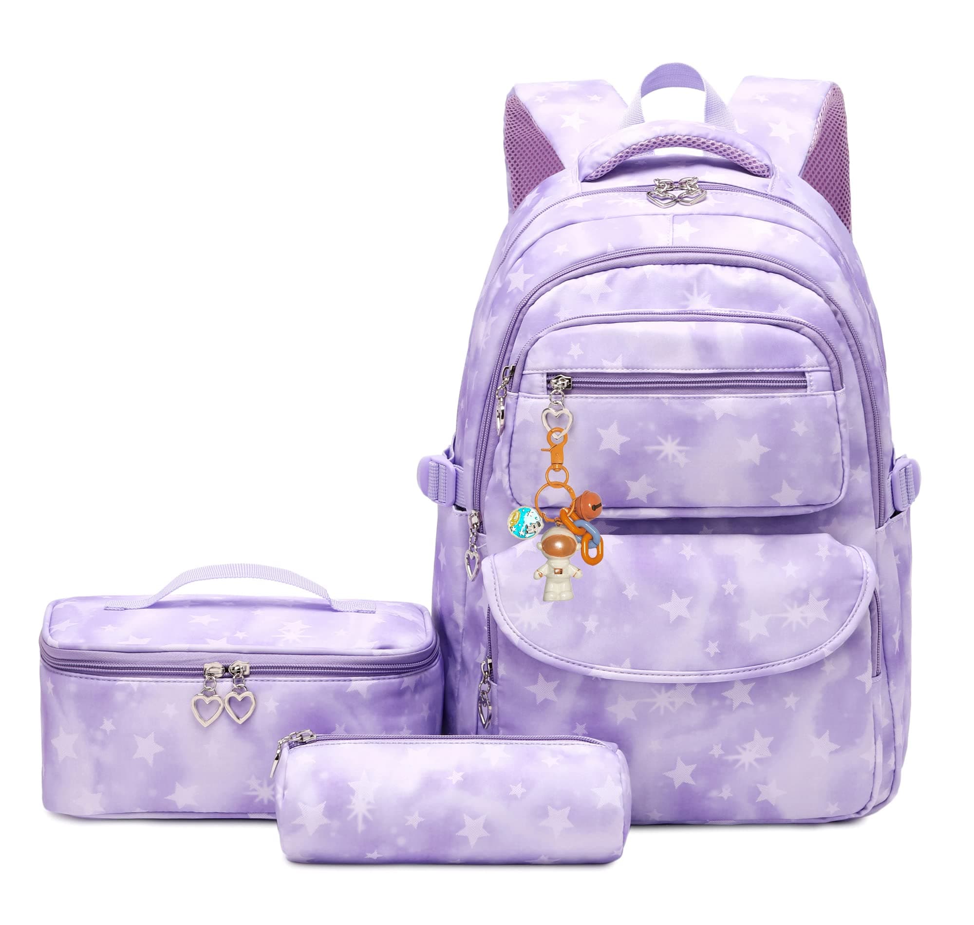 3Pcs Gradient Star Backpack Set for Girls with Lunchbox ＆ Pencil Case, Star Print Girls Backpack School Bag and Lunch Bag Set