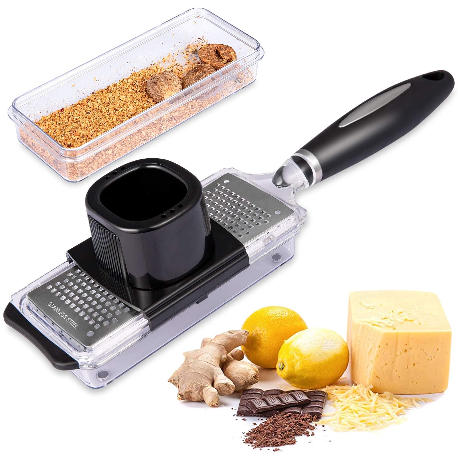 Ginger Grater Tool with Handle Lemon Zester with Catcher Premium Stainless Steel Mini Grater with Container Nutmeg Grinder Garlic Graters