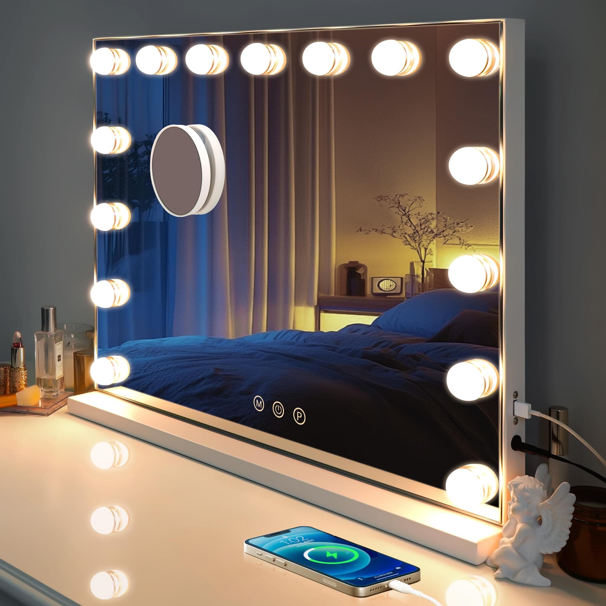 Kottova Vanity Mirror with 15 Dimmable LED Bulbs,Makeup Mirror with 3 Color Lights,USB Charging Port,Large Hollywood Lighted Plug in Mirror with Lights,Detachable 10x Magnification,Touch Control