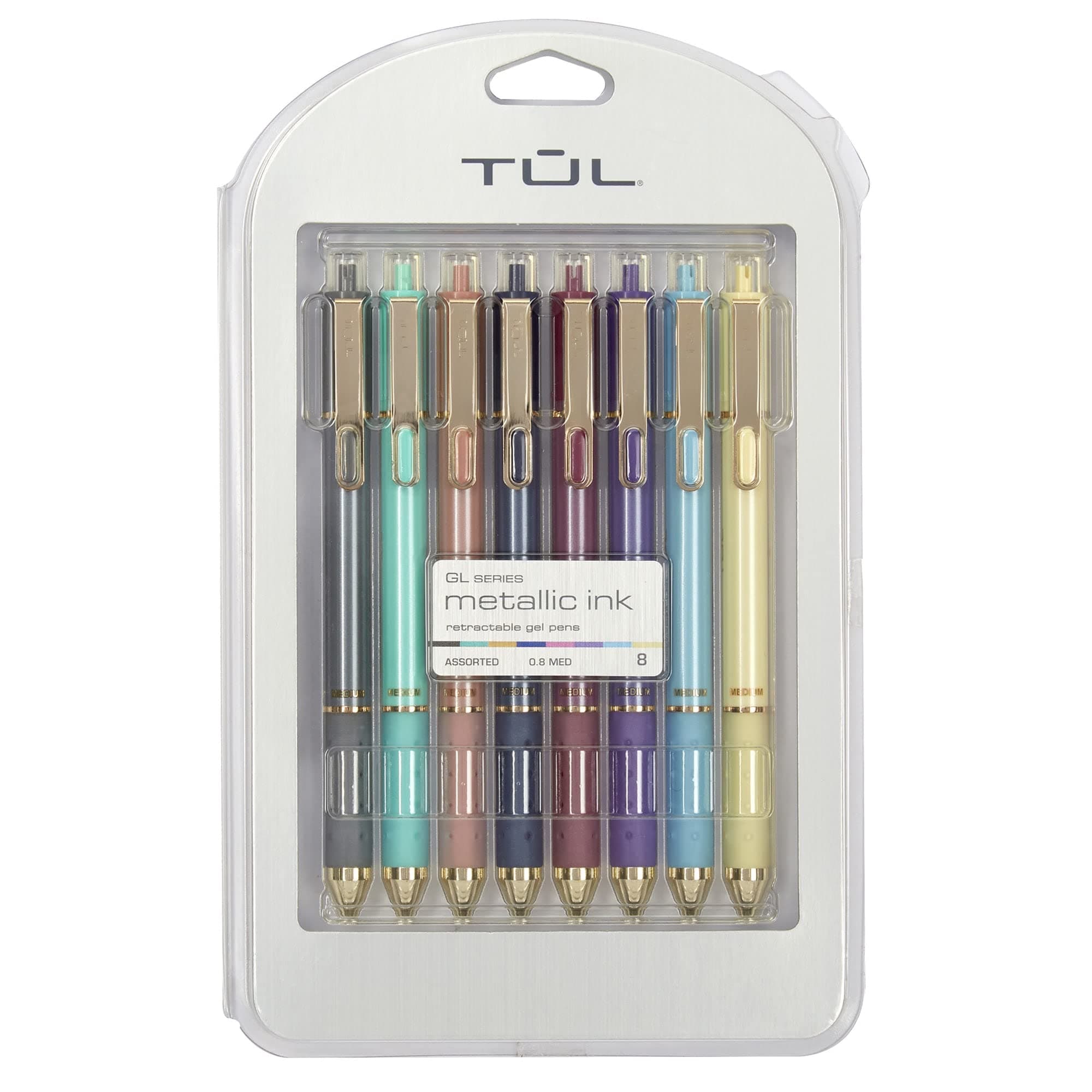 GL Series Retractable Gel Pens, Medium Point, 0.8 mm, Assorted Barrel Colors, Assorted Metallic Inks, Pack Of 8 Pens