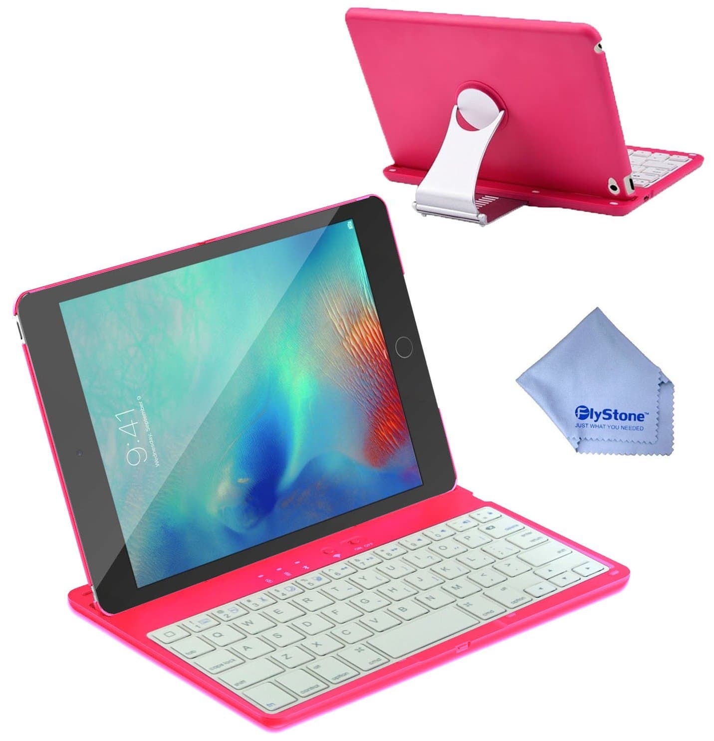 FlyStone iPad Mini 4 Keyboard Case, Folio Style Cover with 360 Degree Rotating Viewing Stand Feature for iPad Mini 4. Comes with FlyStone Mircofiber Cloth. (Pink)