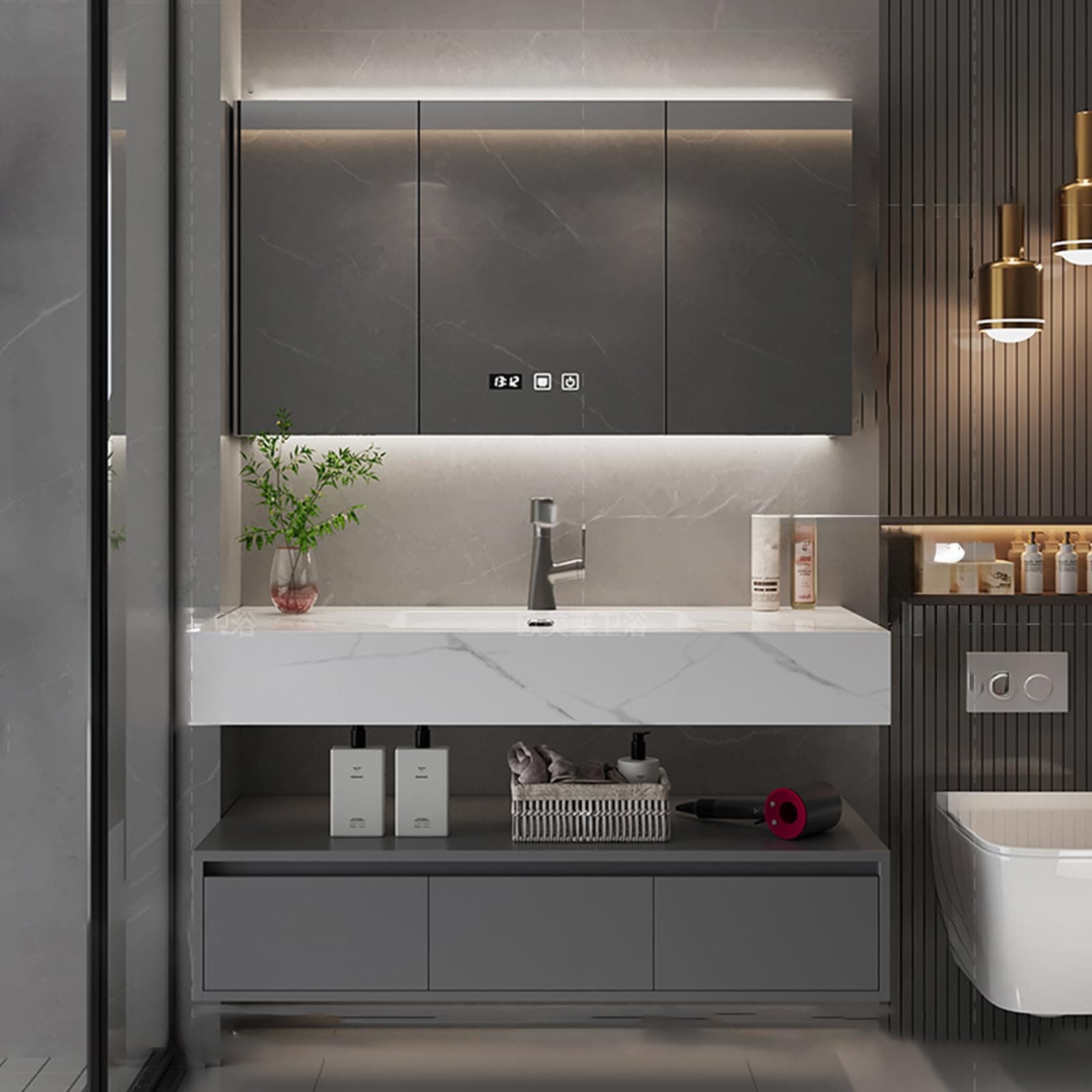 Bathroom Vanity Sink Set - Wall Mounted Floating Vanity Cabinet with Integrated Sink, Intelligent Vanity Mirror with Time Display, LED Lights & Defogging Function, 3 Soft-Close Doors (36IN)