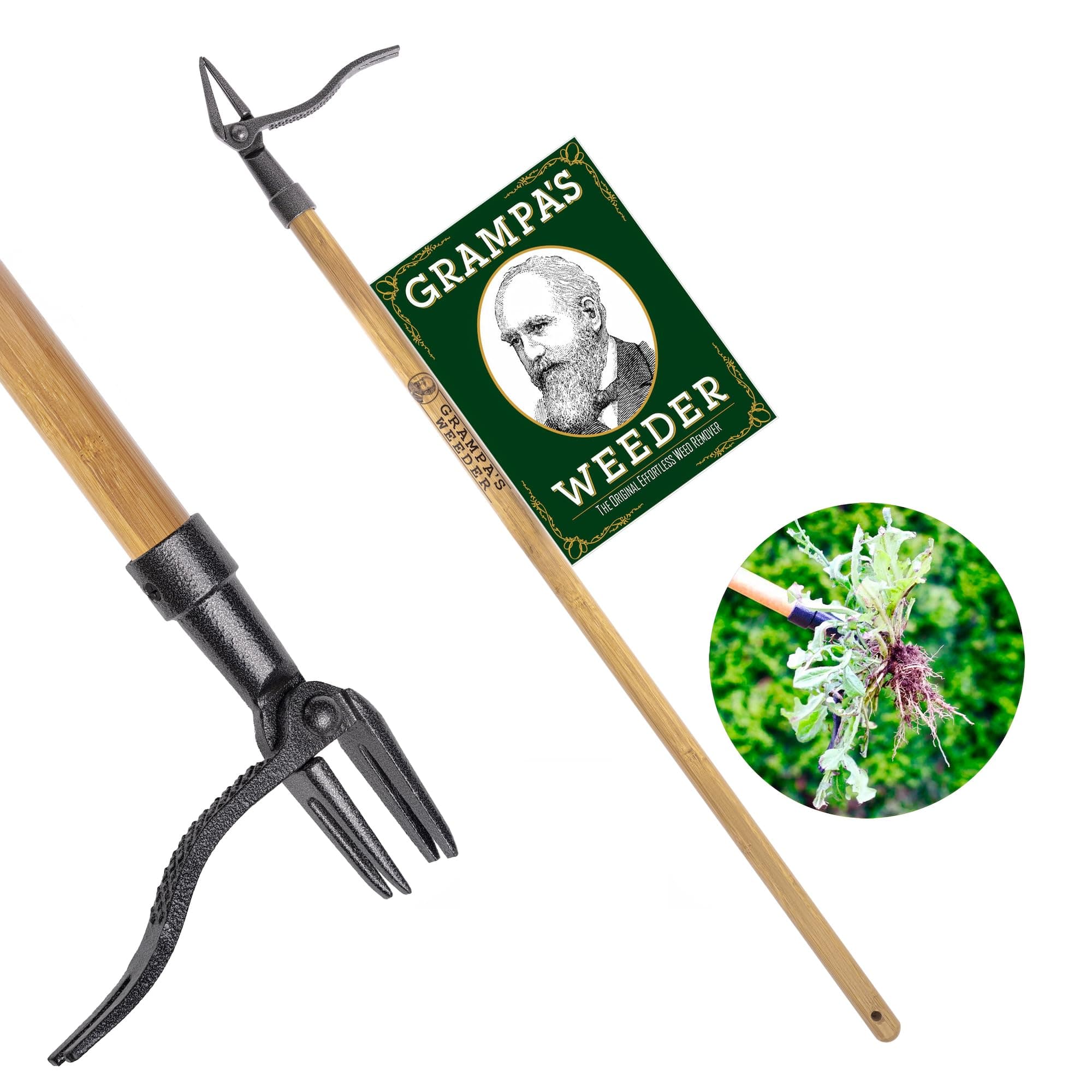 Grampa's Weeder - The Original Stand Up Weed Puller Tool with Long Handle - Made with Real Bamboo & 4-Claw Steel Head Design - Easily Remove Weeds without Bending, Pulling, or Kneeling
