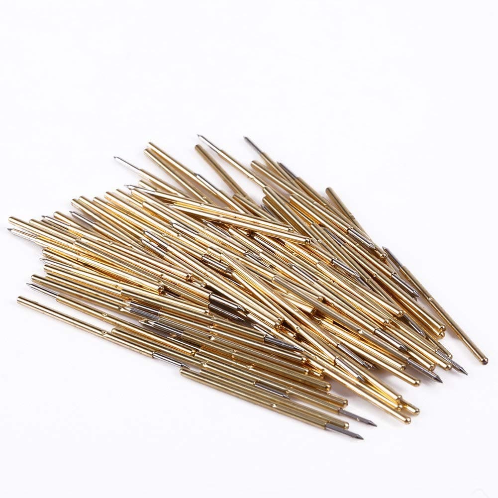 Pogo Pins, 100pcs Spring Test Probe Round Pogo Pin Tools with Sharp Angle Needle Head Testing Contact Probes Brass 0.68mm Dia 16mm Length P50-B1 Pogo Pin Connector for PCB Circuit Board Wire wrap