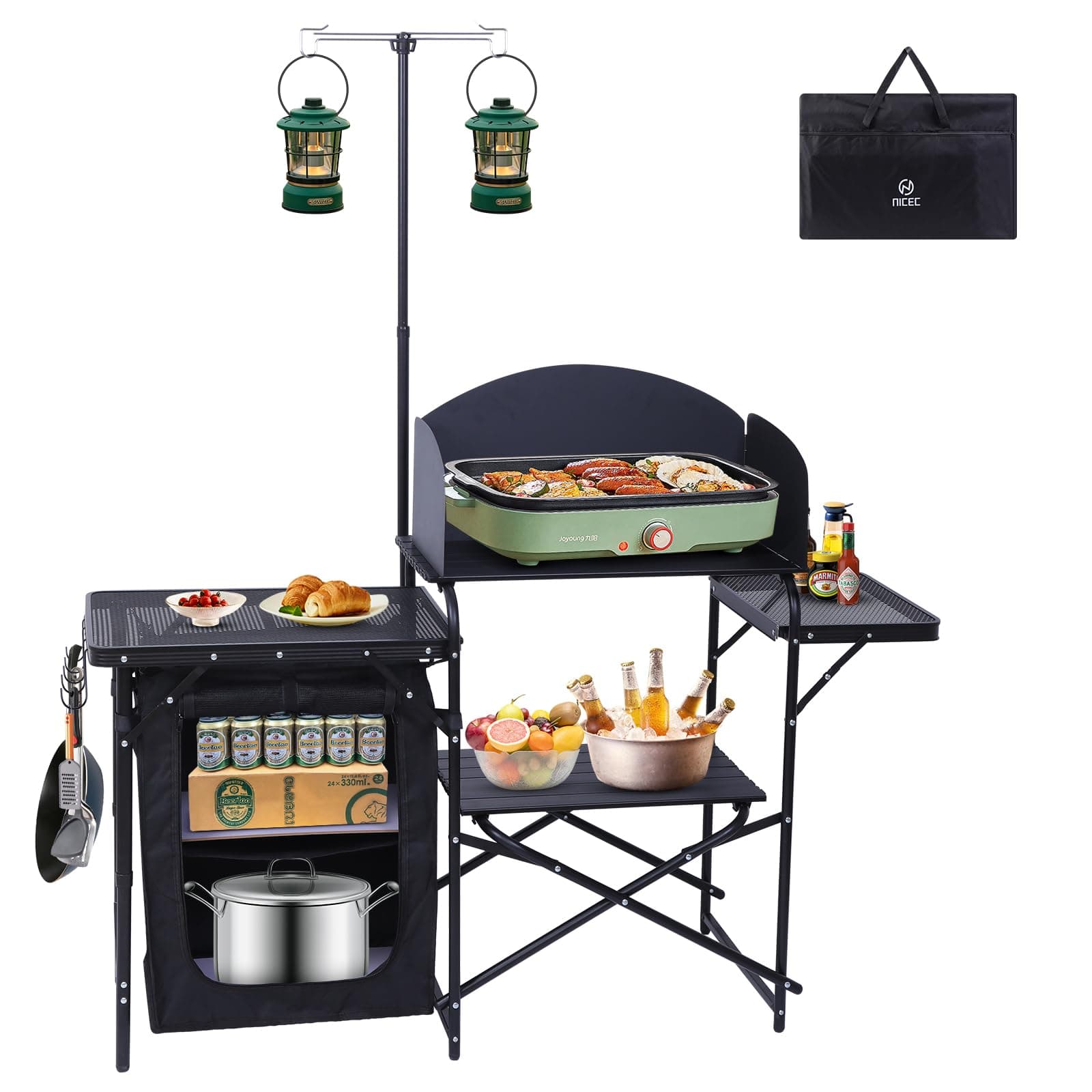 Nice C Camping Kitchen Station, Folding Table & Organizers, Upgrade Light Stand and Windshield Cooking Station, Carry Bag for Beach, Picnic (Black)