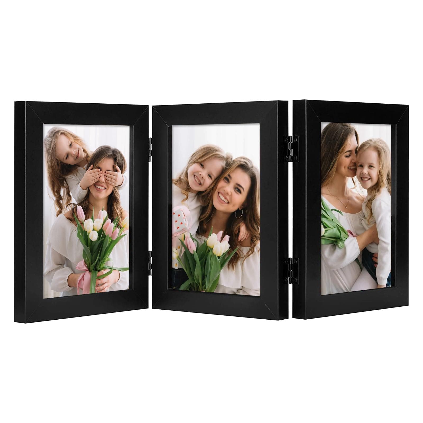 Frametory, 5x7 Trifold Picture Frame Hinged Photo Frames Three Folding Frame Desktop Glass Frame Vertical (Black, 5x7 Triple)