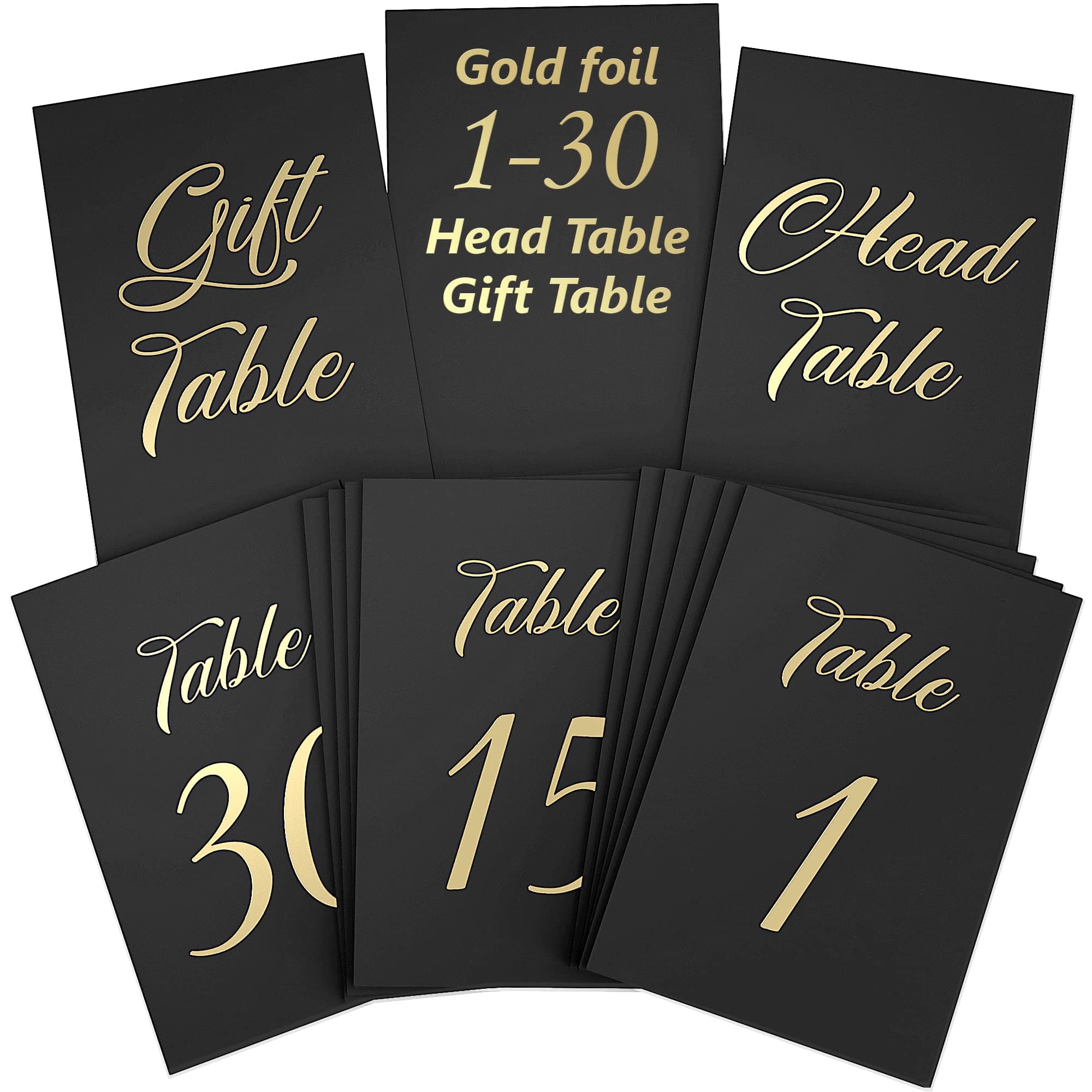 Black Table Numbers 1-30 for Wedding Reception with Gold Foil - Table Number Cards 4x6 with Head & Gift Table - Restaurant Table Numbers - Wedding Numbers for Tables Card Stock Wedding Table Numbers